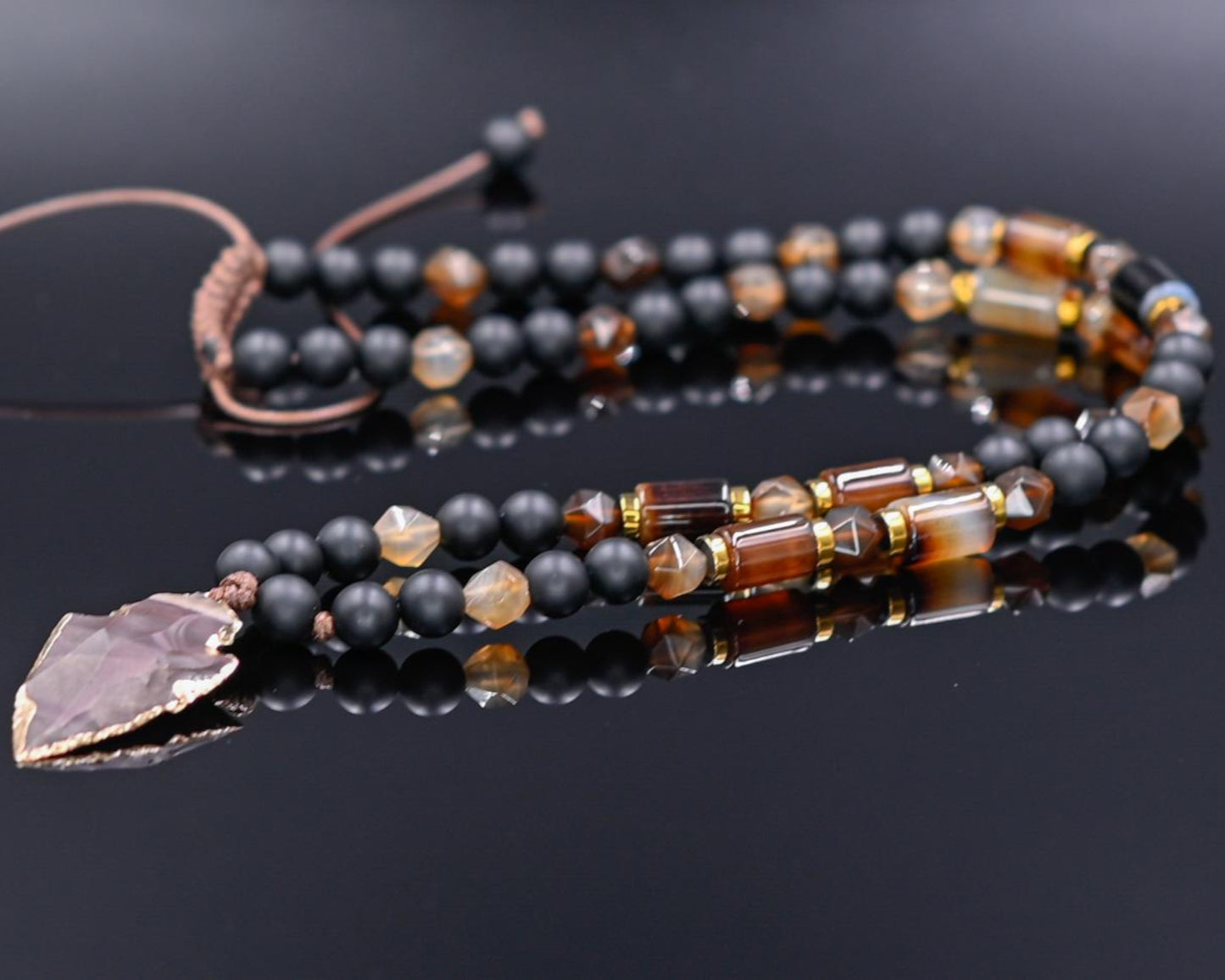 Men's Protection Necklace, Brown Agate Onyx Adjustable Necklace,Pendant Necklace, Long Beaded Necklace, Gift for Men, Gift for Him - Shamballa Necklace - Birthstone Necklace - Gemstone Necklace Men - Chakra Necklace - Macrame Necklace - Healing Necklace - Valinde