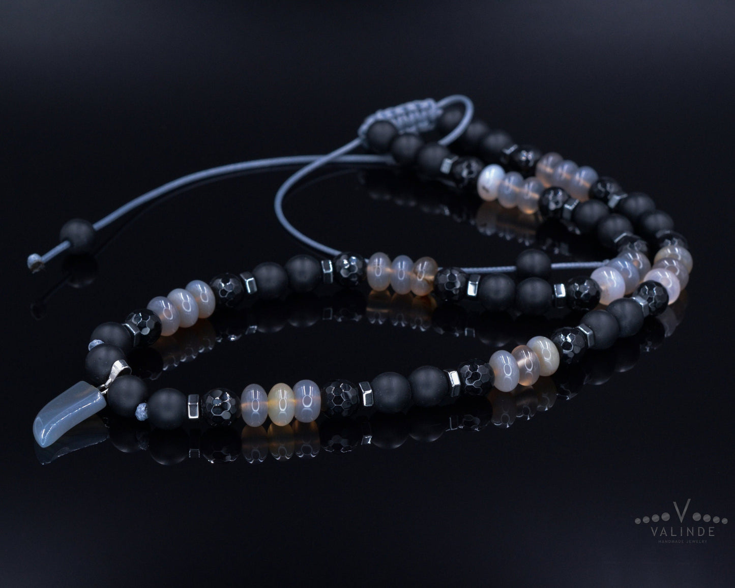 Men's Agate Choker Pendant Necklace - Black Onyx Necklace - Short Beaded Necklace - Gift for Men - Father's Day Gift - Crystal Necklace- Shamballa Necklace - Birthstone Necklace - Gemstone Necklace Men - Chakra Necklace - Macrame Necklace - Healing Necklace - Valinde