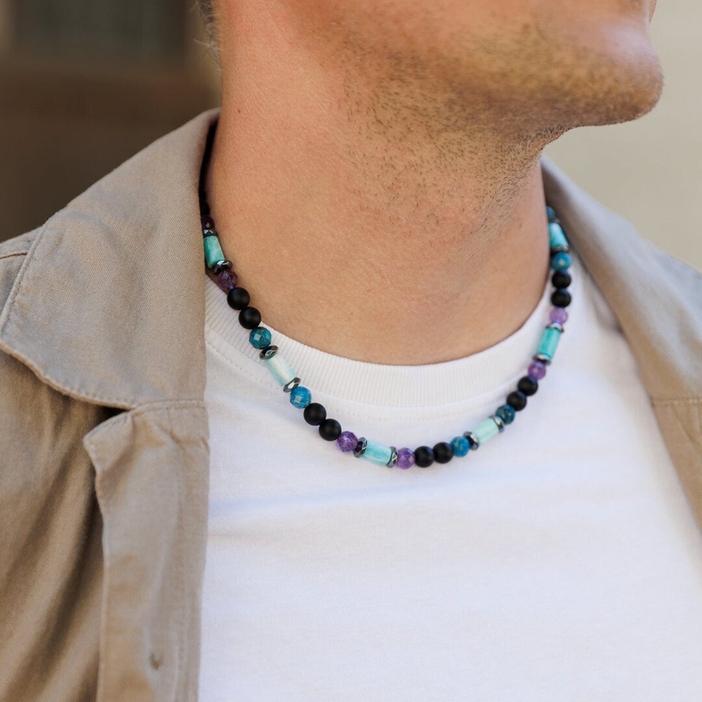 Amazonite Short Necklace, Men's Apatite Amethyst Black Onyx Gemstone Necklace, Gift for Men, Christmas Gift, Adjustable Surfer Necklace Men - Shamballa Necklace - Birthstone Necklace - Gemstone Necklace Men - Chakra Necklace - Yoga Necklace - Mantra Necklace -Macrame Necklace - Healing Necklace - Gift for Father - Gift For Men - Valinde