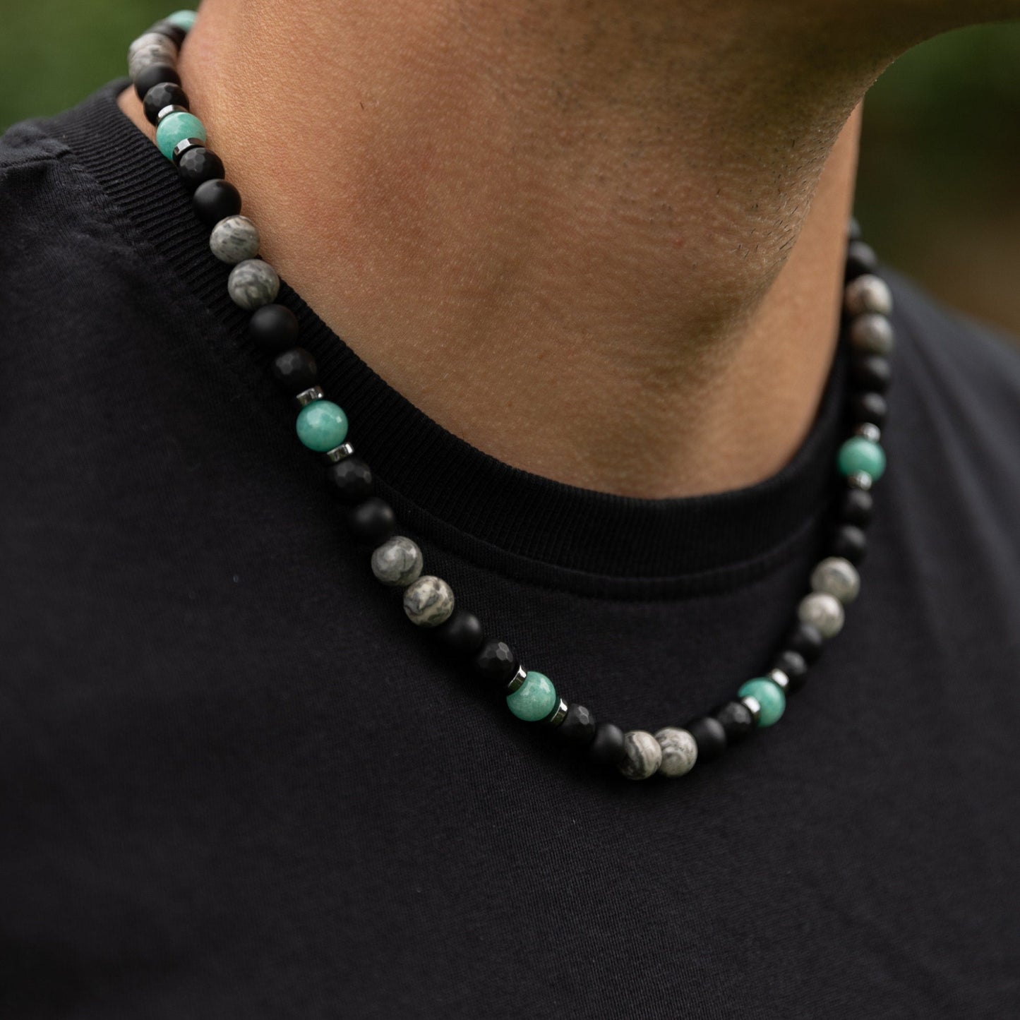 Men's Amazonite Necklace, Grey Jasper Black Onyx Adjustable Necklace, Gift for Men, Short Summer Necklace, Gemstone Necklace, Stone Necklace - Shamballa Necklace - Birthstone Necklace - Gemstone Necklace Men - Chakra Necklace - Macrame Necklace - Healing Necklace - Valinde