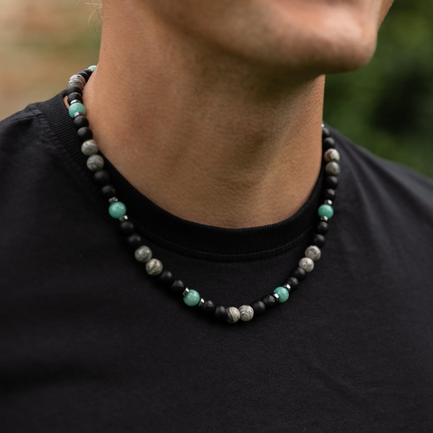 Men's Amazonite Necklace, Grey Jasper Black Onyx Adjustable Necklace, Gift for Men, Short Summer Necklace, Gemstone Necklace, Stone Necklace - Shamballa Necklace - Birthstone Necklace - Gemstone Necklace Men - Chakra Necklace - Macrame Necklace - Healing Necklace - Valinde