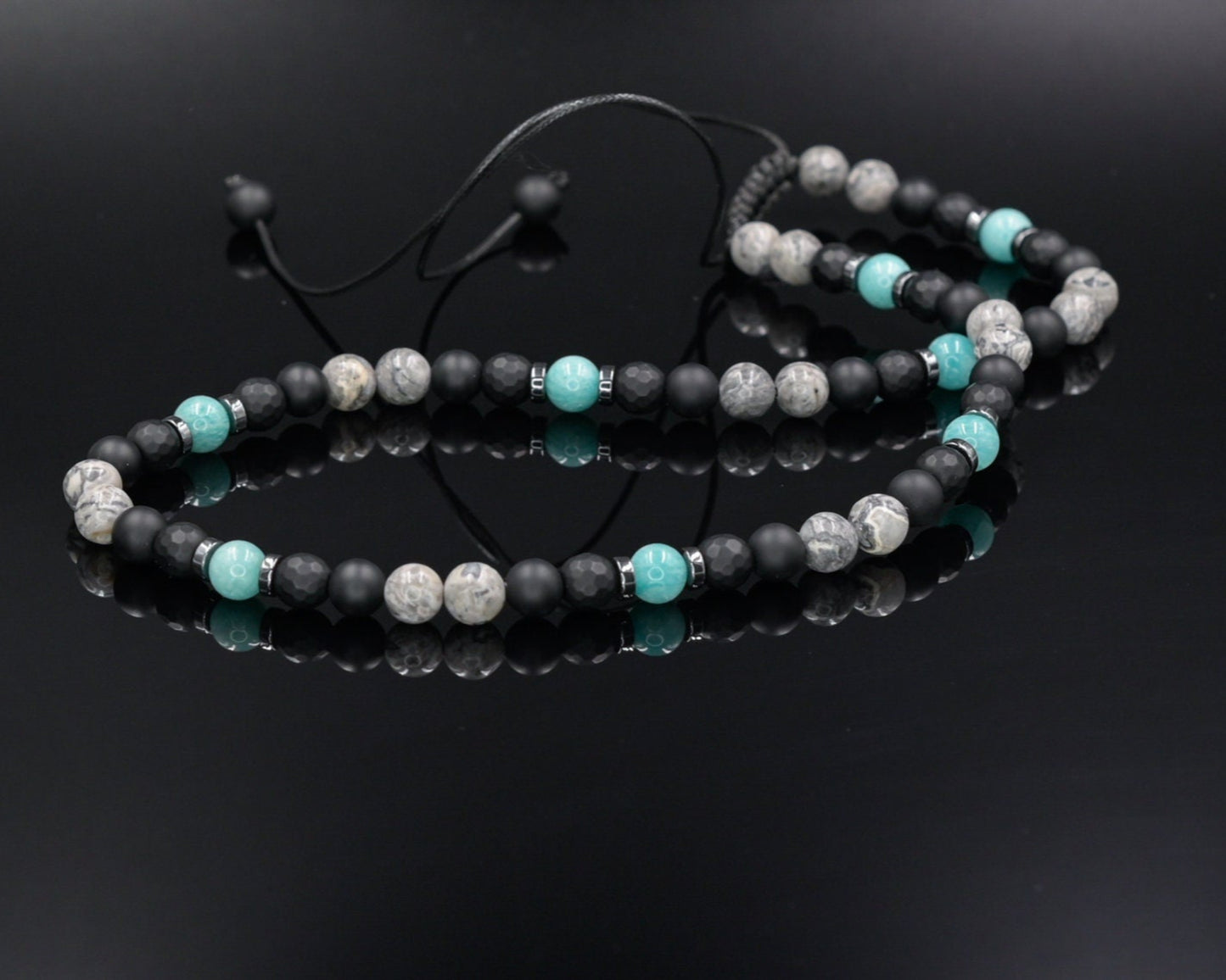 Men's Amazonite Necklace, Grey Jasper Black Onyx Adjustable Necklace, Gift for Men, Short Summer Necklace, Gemstone Necklace, Stone Necklace - Shamballa Necklace - Birthstone Necklace - Gemstone Necklace Men - Chakra Necklace - Macrame Necklace - Healing Necklace - Valinde
