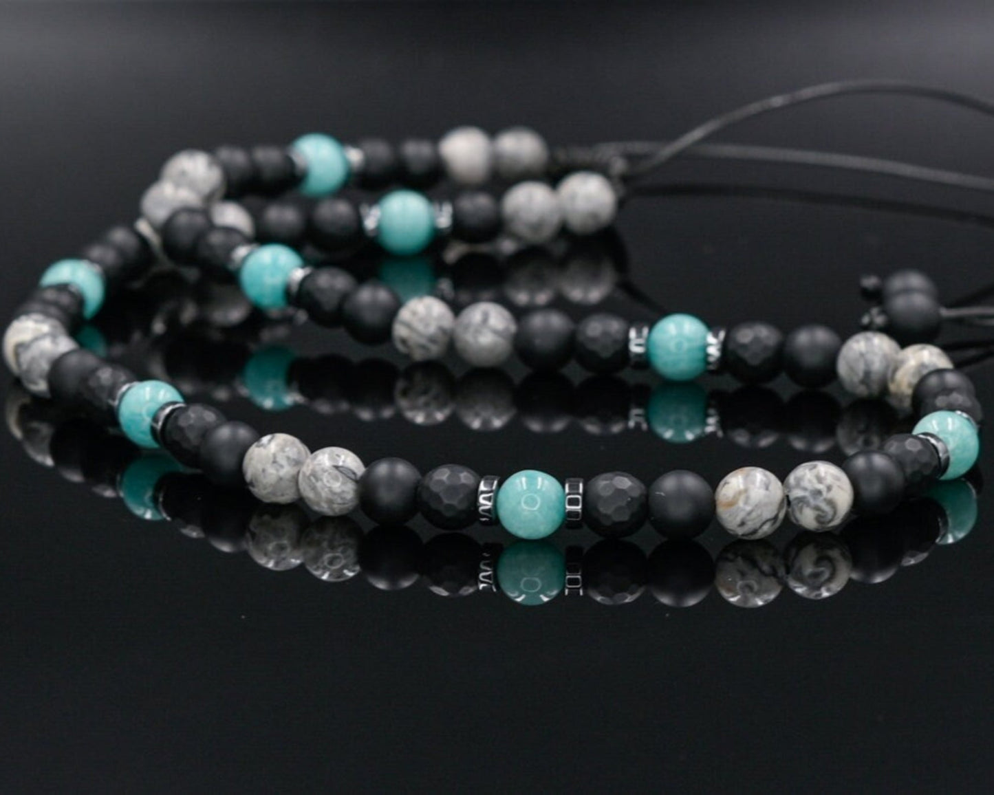 Men's Amazonite Necklace, Grey Jasper Black Onyx Adjustable Necklace, Gift for Men, Short Summer Necklace, Gemstone Necklace, Stone Necklace - Shamballa Necklace - Birthstone Necklace - Gemstone Necklace Men - Chakra Necklace - Macrame Necklace - Healing Necklace - Valinde