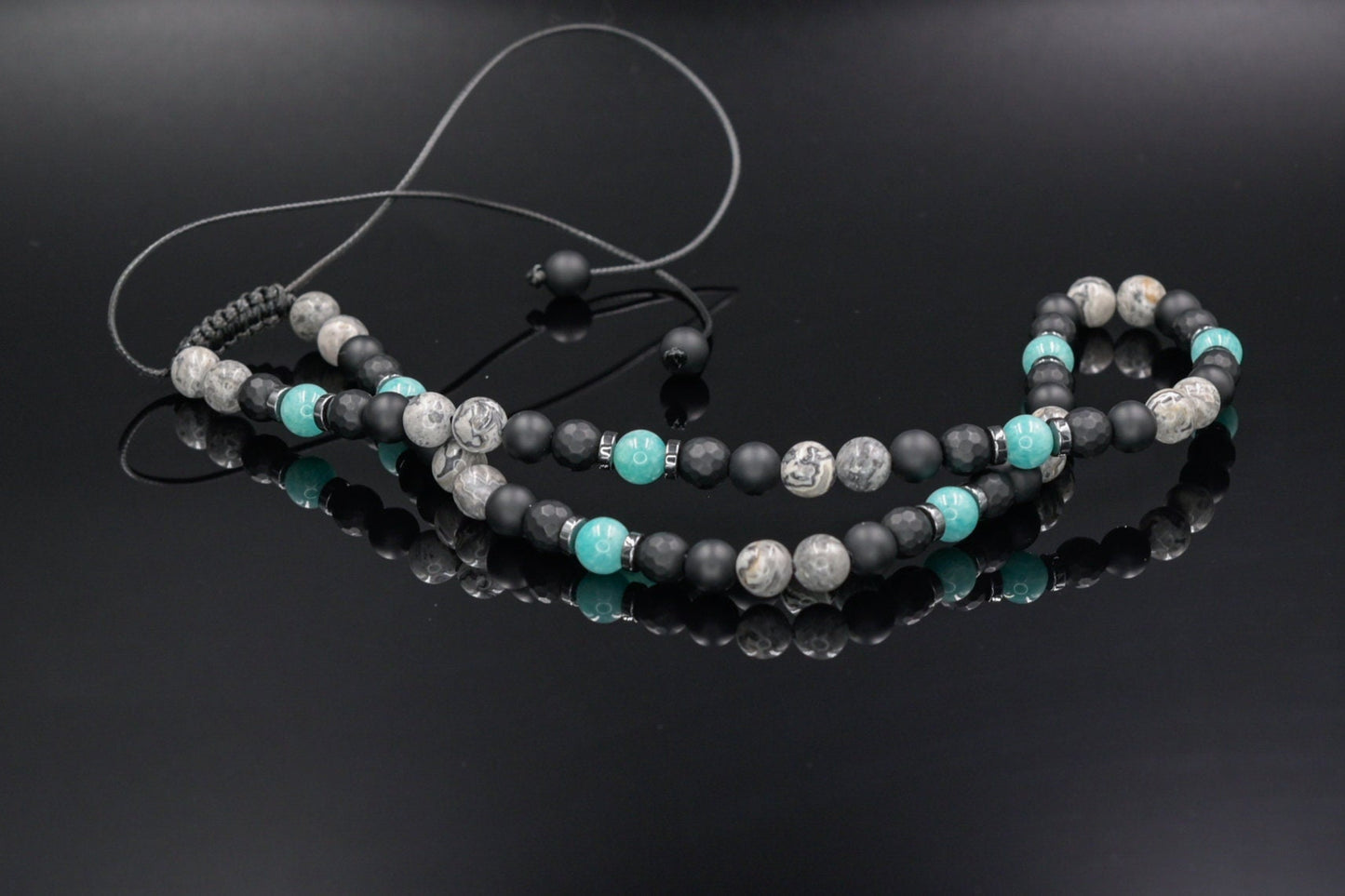 Men's Amazonite Necklace, Grey Jasper Black Onyx Adjustable Necklace, Gift for Men, Short Summer Necklace, Gemstone Necklace, Stone Necklace - Shamballa Necklace - Birthstone Necklace - Gemstone Necklace Men - Chakra Necklace - Macrame Necklace - Healing Necklace - Valinde