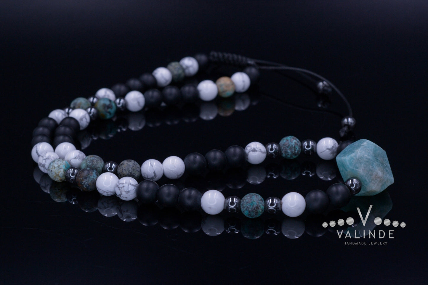 Amazonite Bead Necklace - Men's African Turquoise & Howlite Necklace - Short Crystal Necklace - Gift for Men - Black Onyx Necklace for Men - Shamballa Necklace - Birthstone Necklace - Gemstone Necklace Men - Chakra Necklace - Yoga Necklace - Mantra Necklace -Macrame Necklace - Healing Necklace - Valinde