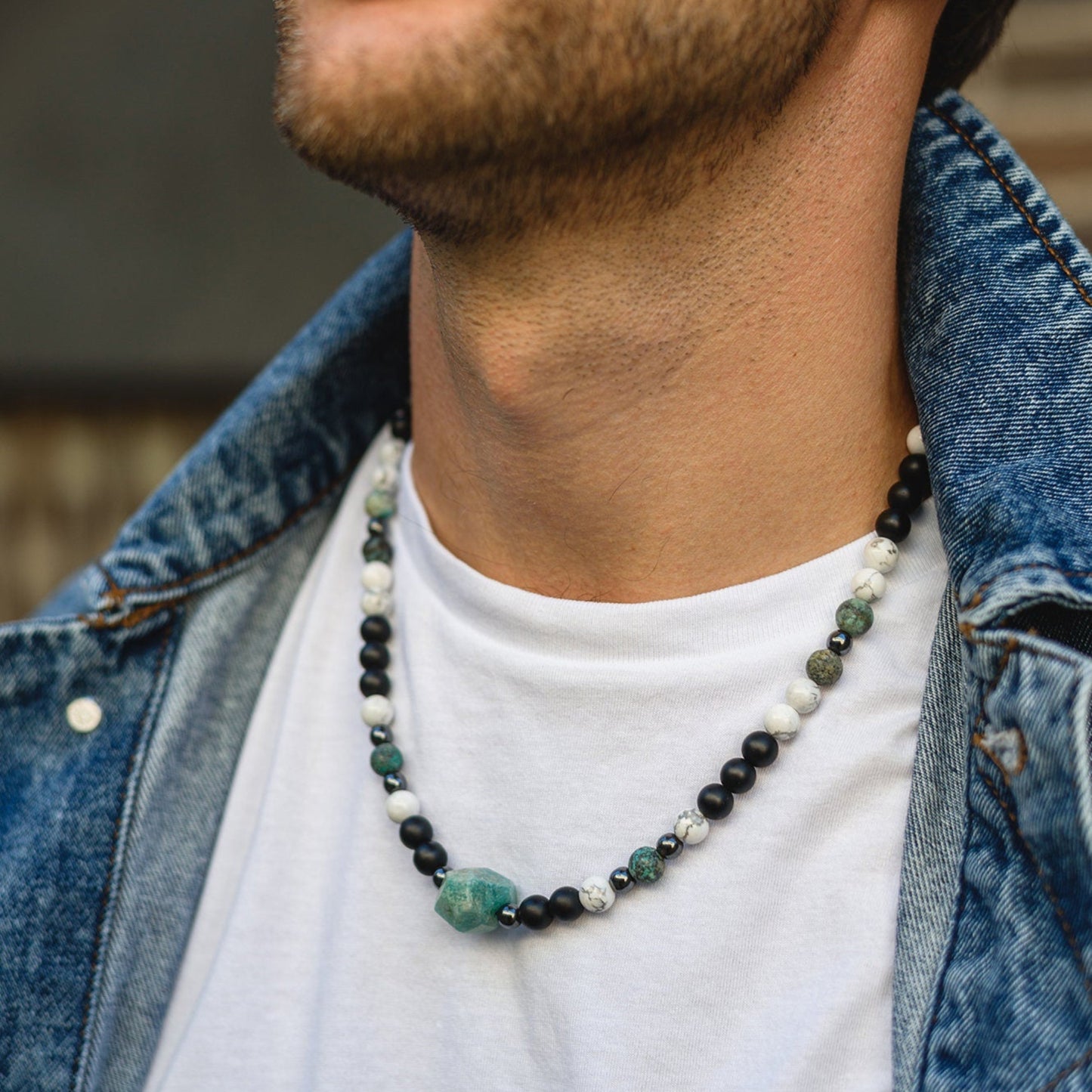Amazonite Bead Necklace - Men's African Turquoise & Howlite Necklace - Short Crystal Necklace - Gift for Men - Black Onyx Necklace for Men - Shamballa Necklace - Birthstone Necklace - Gemstone Necklace Men - Chakra Necklace - Yoga Necklace - Mantra Necklace -Macrame Necklace - Healing Necklace - Valinde