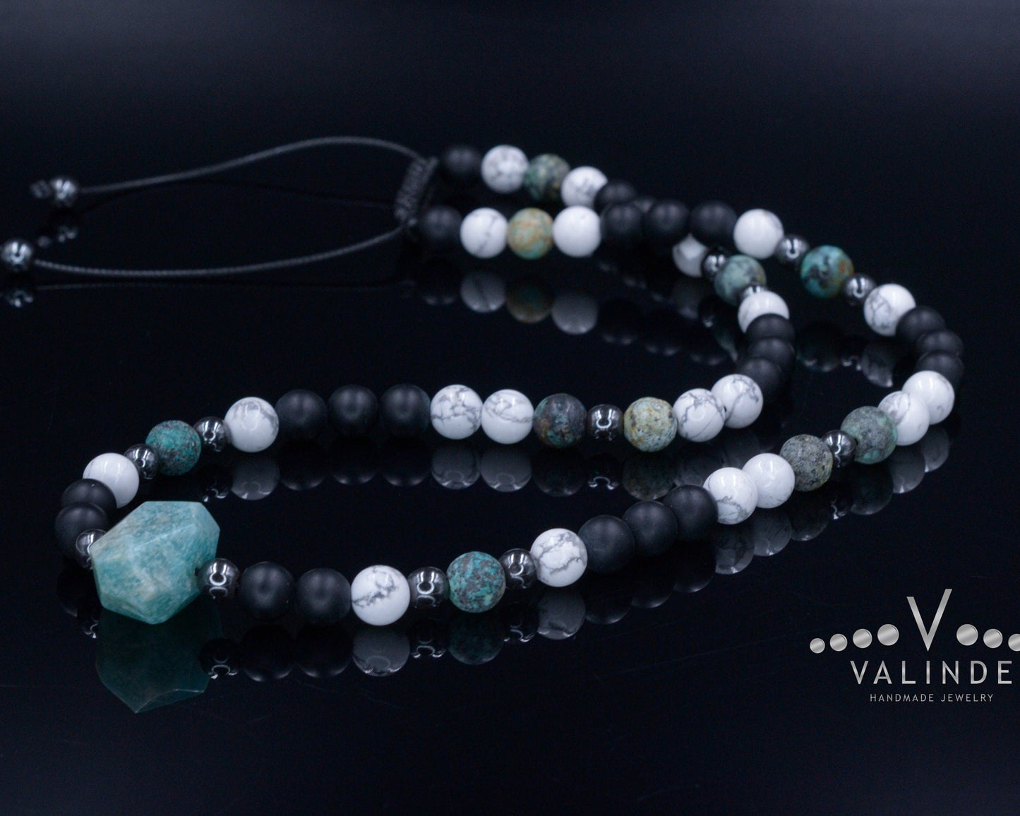 Amazonite Bead Necklace - Men's African Turquoise & Howlite Necklace - Short Crystal Necklace - Gift for Men - Black Onyx Necklace for Men - Shamballa Necklace - Birthstone Necklace - Gemstone Necklace Men - Chakra Necklace - Yoga Necklace - Mantra Necklace -Macrame Necklace - Healing Necklace - Valinde