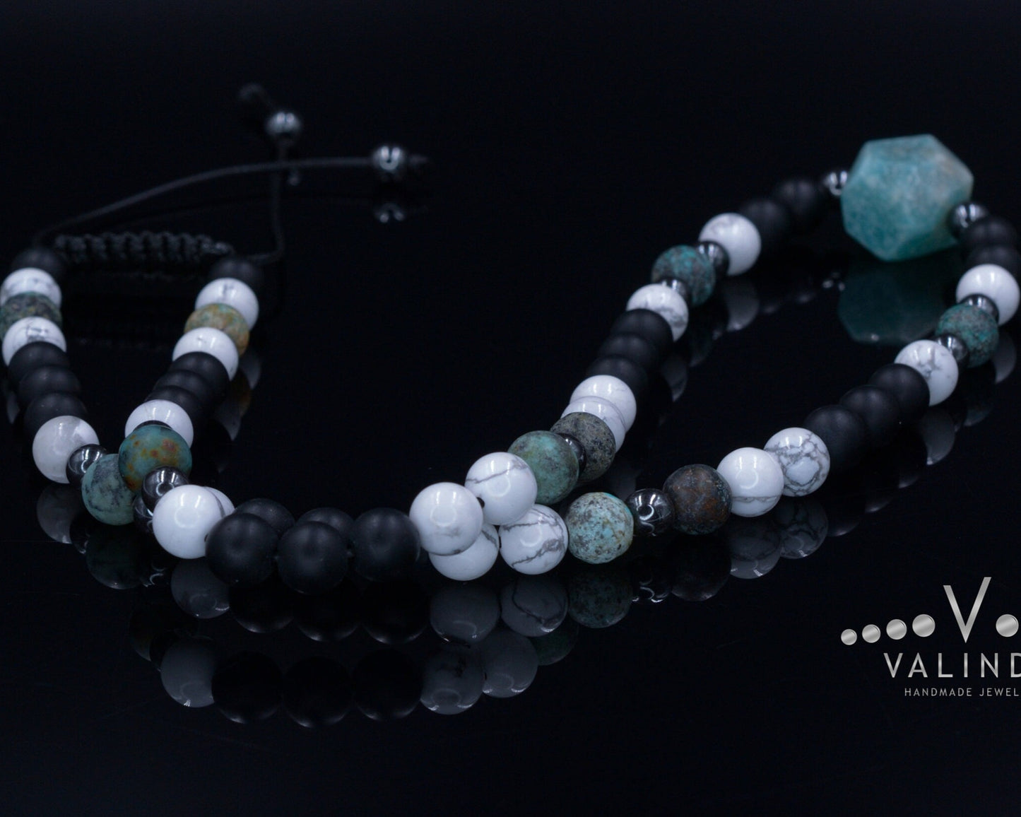 Amazonite Bead Necklace - Men's African Turquoise & Howlite Necklace - Short Crystal Necklace - Gift for Men - Black Onyx Necklace for Men - Shamballa Necklace - Birthstone Necklace - Gemstone Necklace Men - Chakra Necklace - Yoga Necklace - Mantra Necklace -Macrame Necklace - Healing Necklace - Valinde