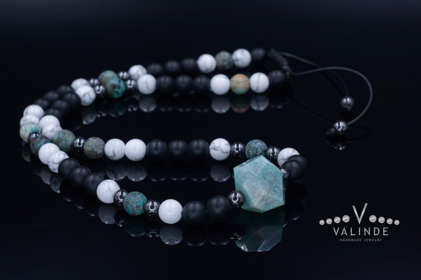 Amazonite Bead Necklace - Men's African Turquoise & Howlite Necklace - Short Crystal Necklace - Gift for Men - Black Onyx Necklace for Men - Shamballa Necklace - Birthstone Necklace - Gemstone Necklace Men - Chakra Necklace - Yoga Necklace - Mantra Necklace -Macrame Necklace - Healing Necklace - Valinde