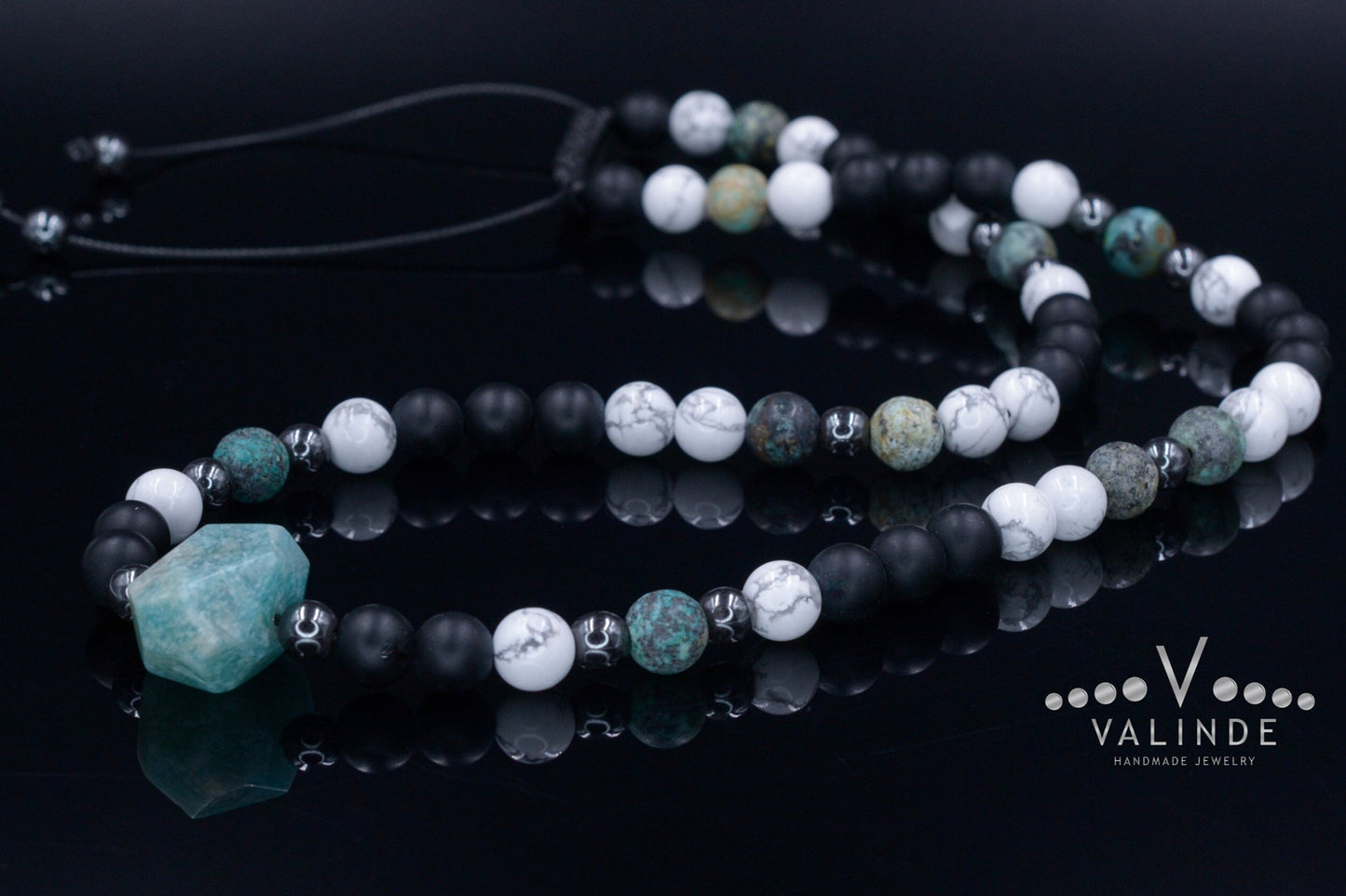 Amazonite Bead Necklace - Men's African Turquoise & Howlite Necklace - Short Crystal Necklace - Gift for Men - Black Onyx Necklace for Men - Shamballa Necklace - Birthstone Necklace - Gemstone Necklace Men - Chakra Necklace - Yoga Necklace - Mantra Necklace -Macrame Necklace - Healing Necklace - Valinde