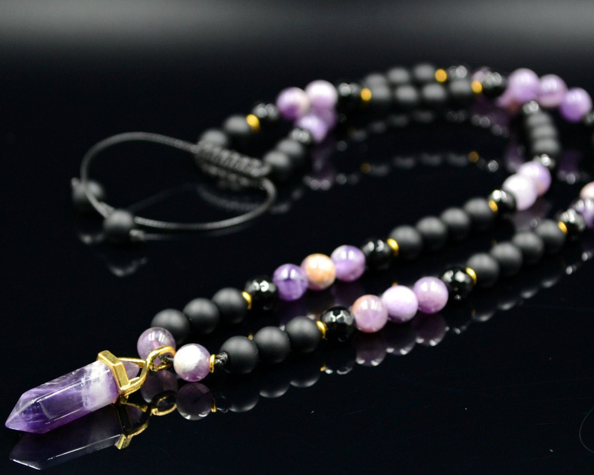 Men's Amethyst Pendant Necklace Gemstone Beads Necklace Onyx Necklace Gift for Men Crystal Necklace Agate Necklace Long Beaded Necklace - Birthstone Necklace - Gemstone Necklace Men - Chakra Necklace - Yoga Necklace - Mantra Necklace -Macrame Necklace  - Healing Necklace - Valinde