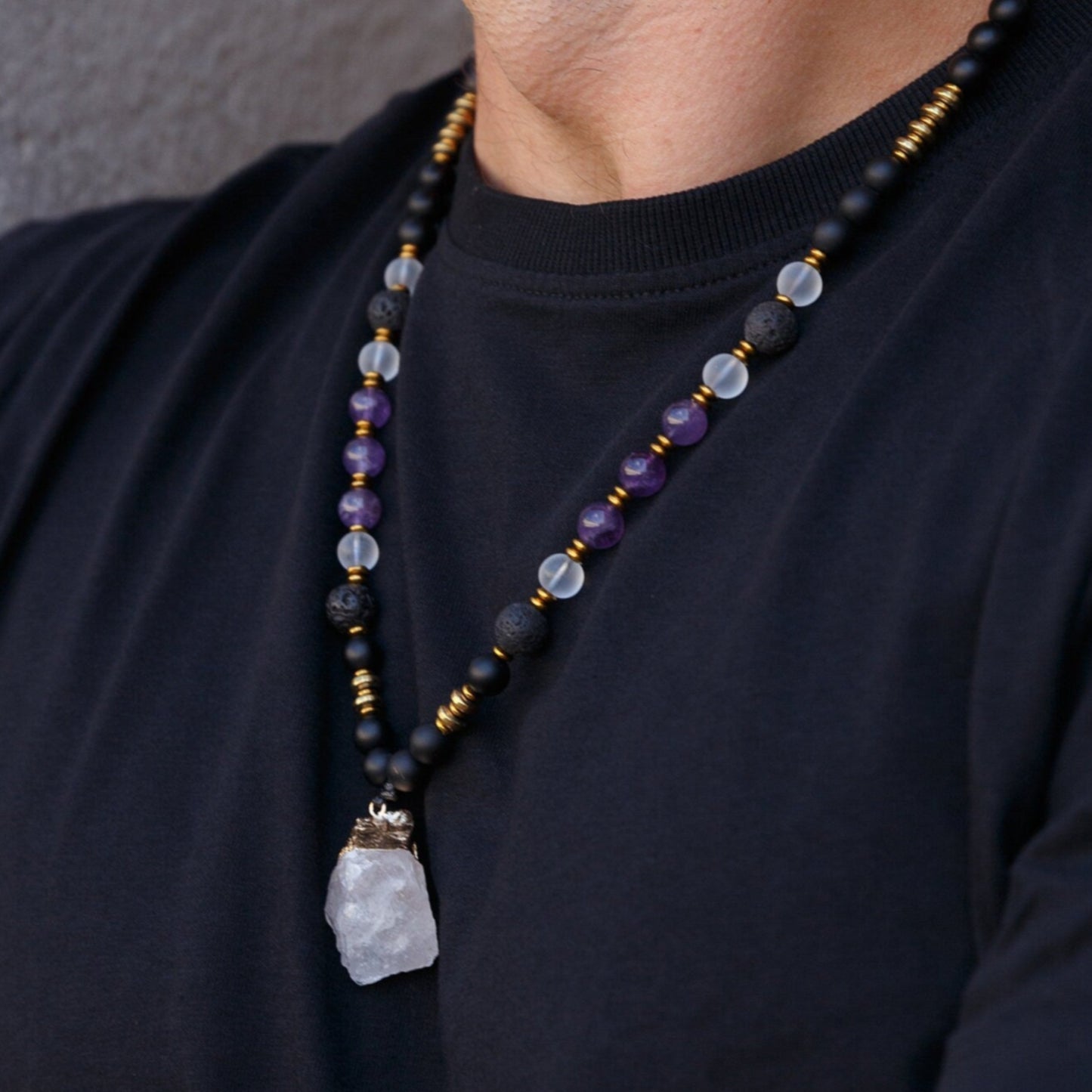 Raw Quartz Pendant Necklace - Men's Amethyst Lava Stone Onyx Bead Necklace - Long Crystal Necklace - Gift for Men - Adjustable Necklace - Shamballa Necklace - Birthstone Necklace - Gemstone Necklace Men - Chakra Necklace - Macrame Necklace - Healing Necklace - Valinde