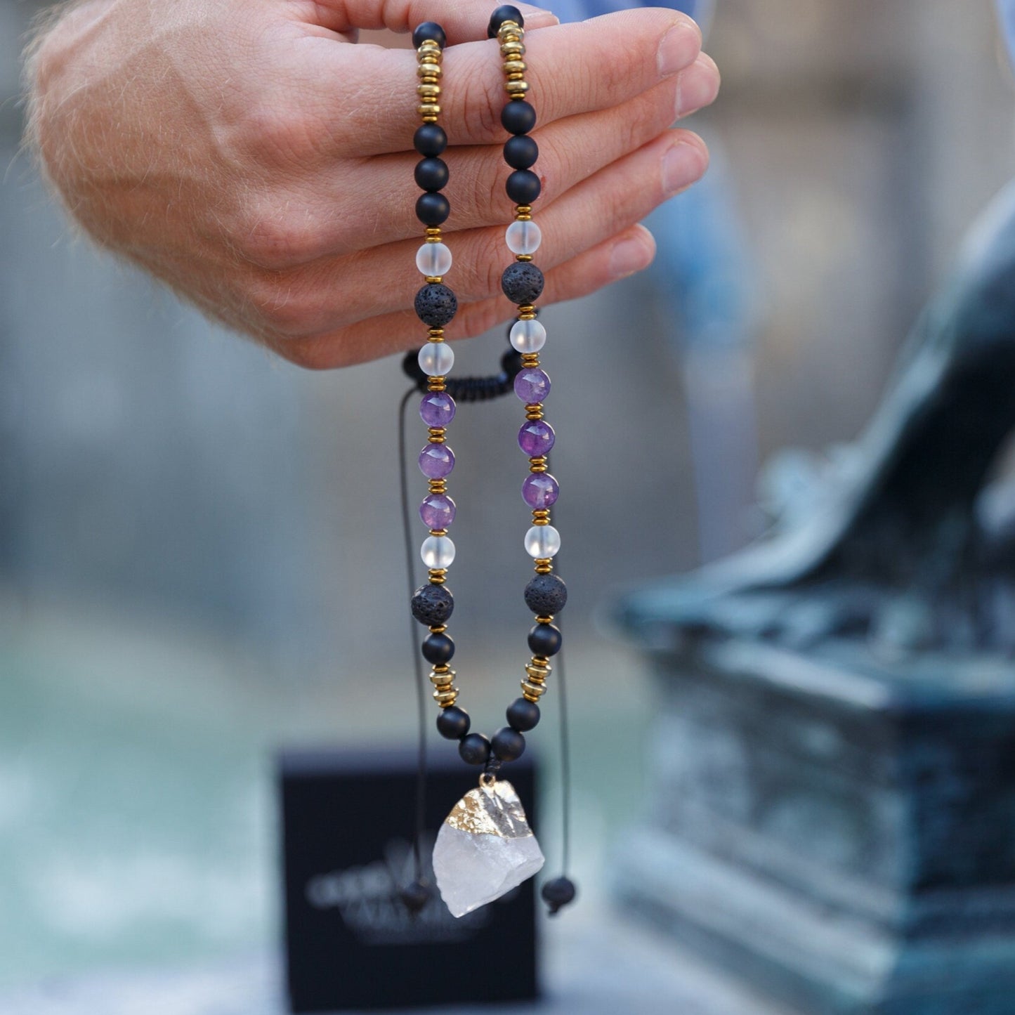 Raw Quartz Pendant Necklace - Men's Amethyst Lava Stone Onyx Bead Necklace - Long Crystal Necklace - Gift for Men - Adjustable Necklace - Shamballa Necklace - Birthstone Necklace - Gemstone Necklace Men - Chakra Necklace - Macrame Necklace - Healing Necklace - Valinde