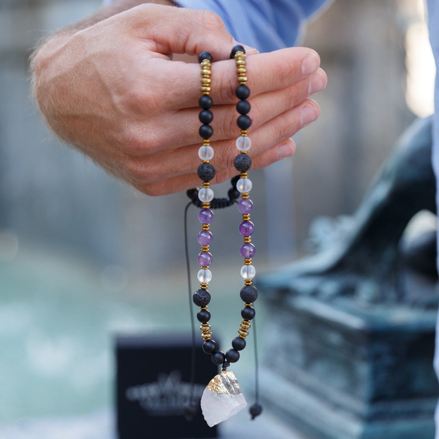 Raw Quartz Pendant Necklace - Men's Amethyst Lava Stone Onyx Bead Necklace - Long Crystal Necklace - Gift for Men - Adjustable Necklace - Shamballa Necklace - Birthstone Necklace - Gemstone Necklace Men - Chakra Necklace - Macrame Necklace - Healing Necklace - Valinde