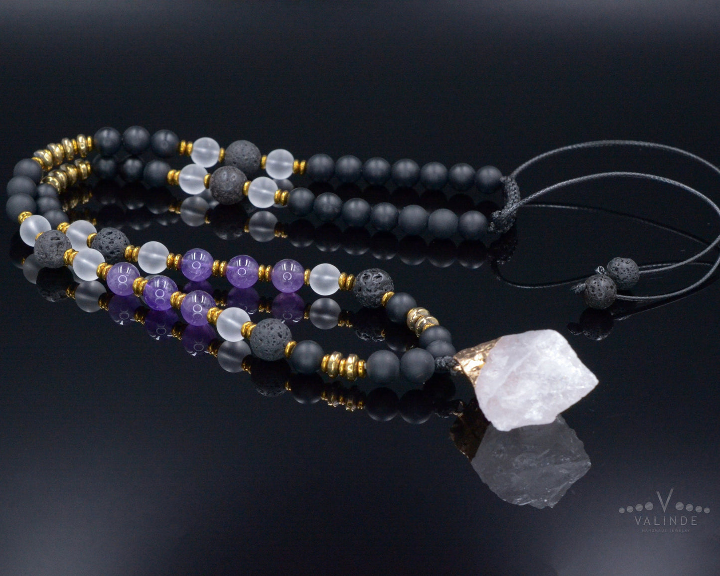 Raw Quartz Pendant Necklace - Men's Amethyst Lava Stone Onyx Bead Necklace - Long Crystal Necklace - Gift for Men - Adjustable Necklace - Shamballa Necklace - Birthstone Necklace - Gemstone Necklace Men - Chakra Necklace - Macrame Necklace - Healing Necklace - Valinde