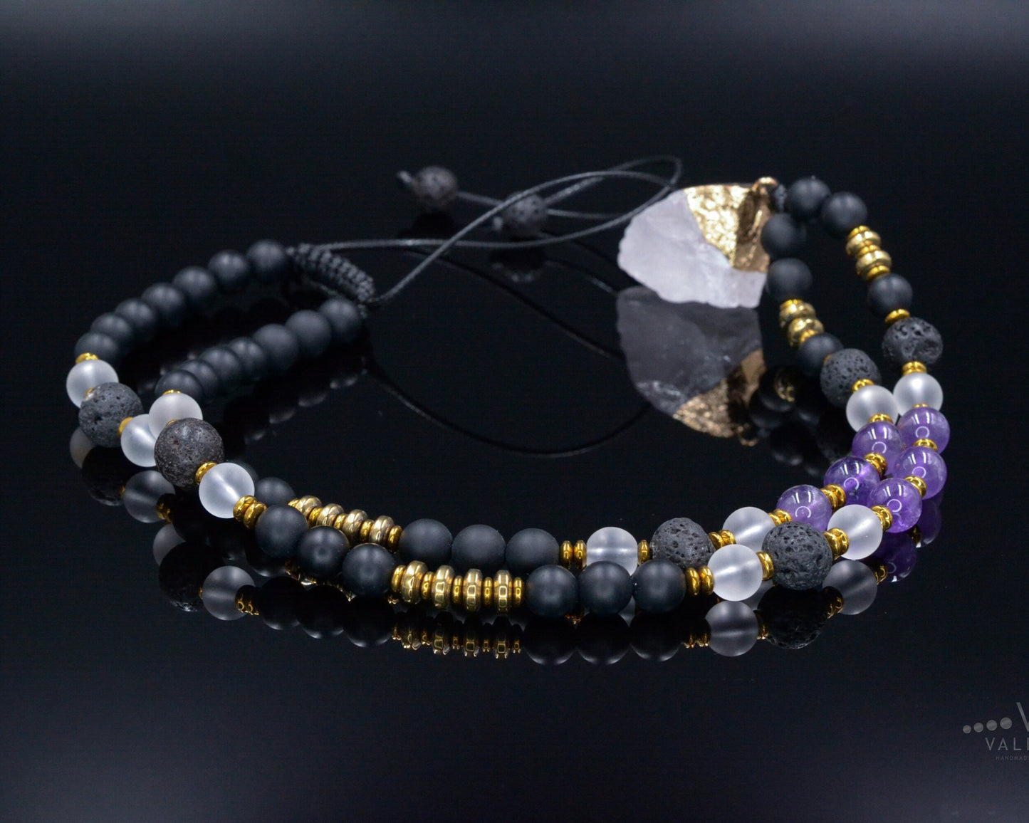 Raw Quartz Pendant Necklace - Men's Amethyst Lava Stone Onyx Bead Necklace - Long Crystal Necklace - Gift for Men - Adjustable Necklace - Shamballa Necklace - Birthstone Necklace - Gemstone Necklace Men - Chakra Necklace - Macrame Necklace - Healing Necklace - Valinde