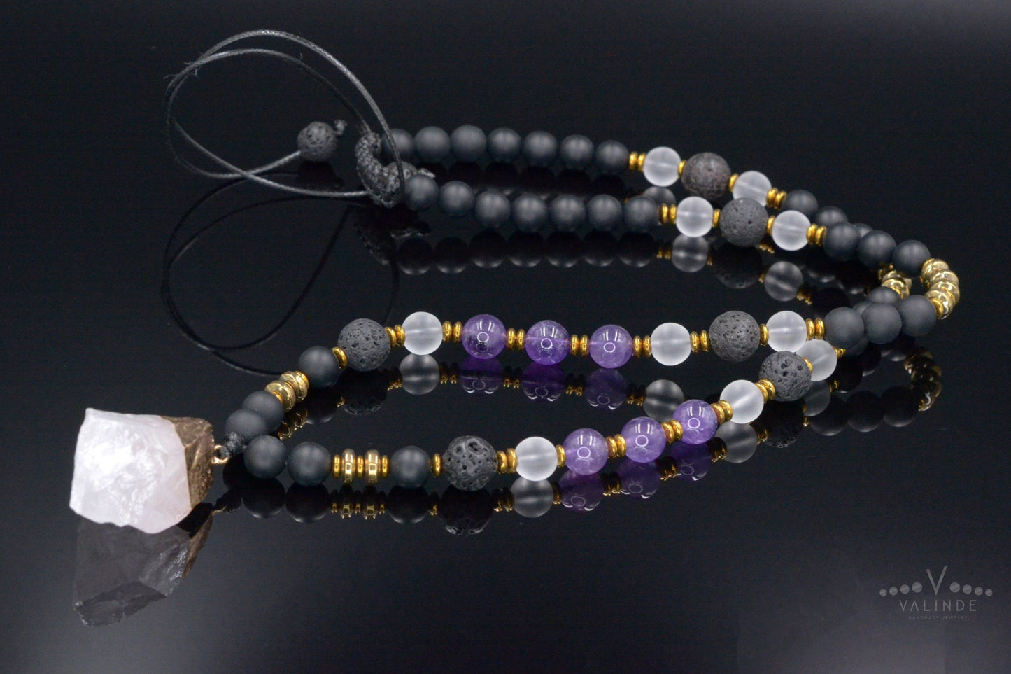 Raw Quartz Pendant Necklace - Men's Amethyst Lava Stone Onyx Bead Necklace - Long Crystal Necklace - Gift for Men - Adjustable Necklace - Shamballa Necklace - Birthstone Necklace - Gemstone Necklace Men - Chakra Necklace - Macrame Necklace - Healing Necklace - Valinde