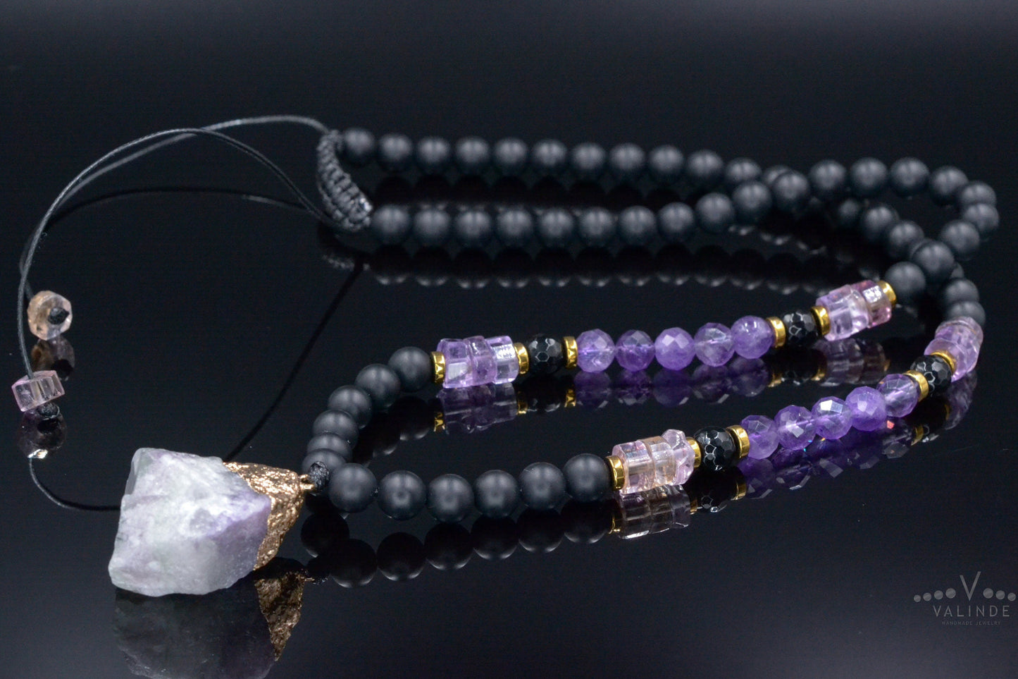 Ametrine Amethyst Crystal Necklace - Men's Raw Fluorite Pendant Necklace - Long Adjustable Necklace - Black Onyx Necklace - Gift for Men - Shamballa Necklace - Birthstone Necklace - Gemstone Necklace Men - Chakra Necklace - Macrame Necklace - Healing Necklace - Valinde