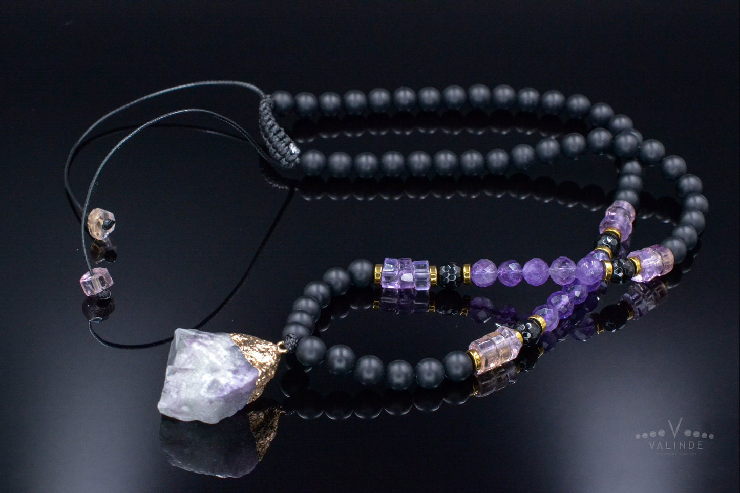 Ametrine Amethyst Crystal Necklace - Men's Raw Fluorite Pendant Necklace - Long Adjustable Necklace - Black Onyx Necklace - Gift for Men - Shamballa Necklace - Birthstone Necklace - Gemstone Necklace Men - Chakra Necklace - Macrame Necklace - Healing Necklace - Valinde