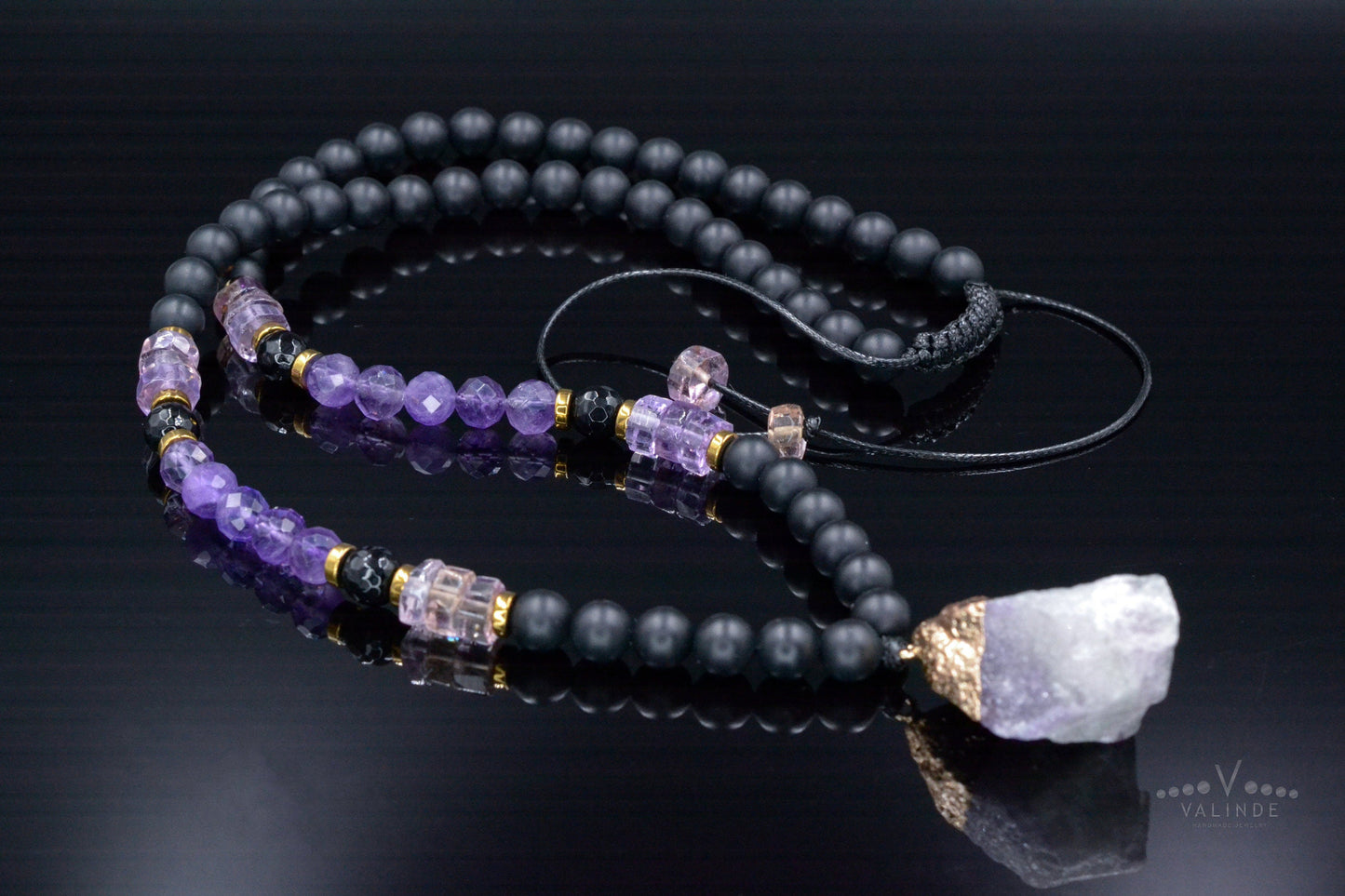Ametrine Amethyst Crystal Necklace - Men's Raw Fluorite Pendant Necklace - Long Adjustable Necklace - Black Onyx Necklace - Gift for Men - Shamballa Necklace - Birthstone Necklace - Gemstone Necklace Men - Chakra Necklace - Macrame Necklace - Healing Necklace - Valinde