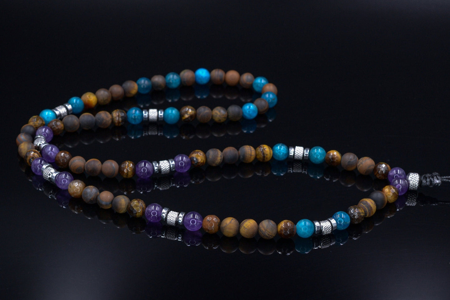 Men's Tiger's Eye and Apatite Necklace - Long Beaded Necklace - Amethyst Crystal Necklace - Gift for Man - Steel Beads Necklace - Men's Gift - Shamballa Necklace - Birthstone Necklace - Gemstone Necklace Men - Chakra Necklace - Macrame Necklace - Healing Necklace - Valinde