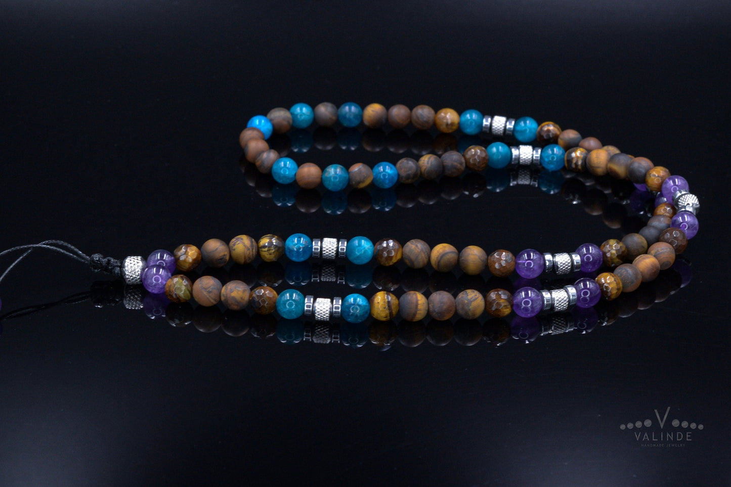 Men's Tiger's Eye and Apatite Necklace - Long Beaded Necklace - Amethyst Crystal Necklace - Gift for Man - Steel Beads Necklace - Men's Gift - Shamballa Necklace - Birthstone Necklace - Gemstone Necklace Men - Chakra Necklace - Macrame Necklace - Healing Necklace - Valinde