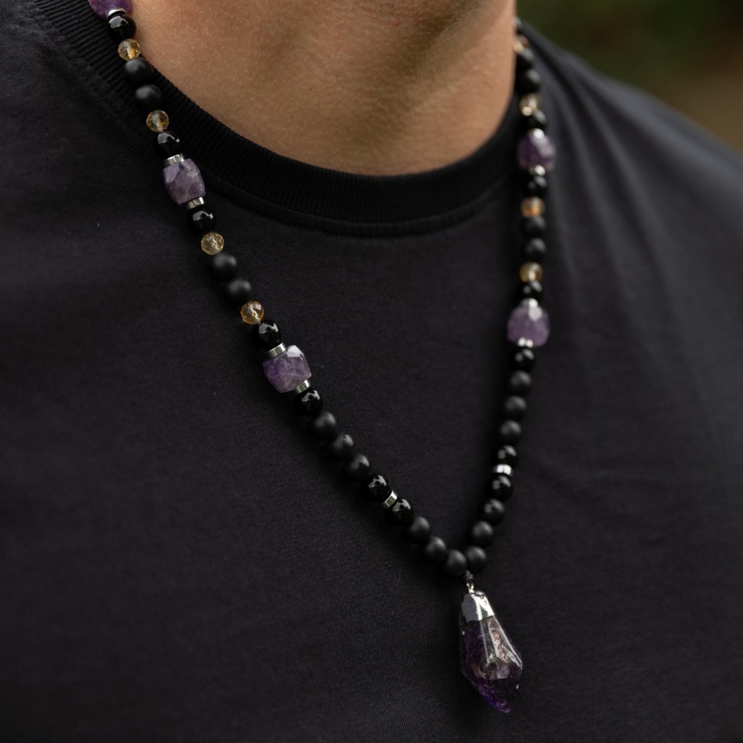 Amethyst Long Beaded Necklace, Men's Onyx Citrine Agate Hematite Necklace, Gift for Him, Adjustable Necklace, Pendant Necklace, Gift for Men - Valinde - Shamballa Necklace - Birthstone Necklace - Gemstone Necklace Men - Chakra Necklace - Macrame Necklace - Healing Necklace - Valinde