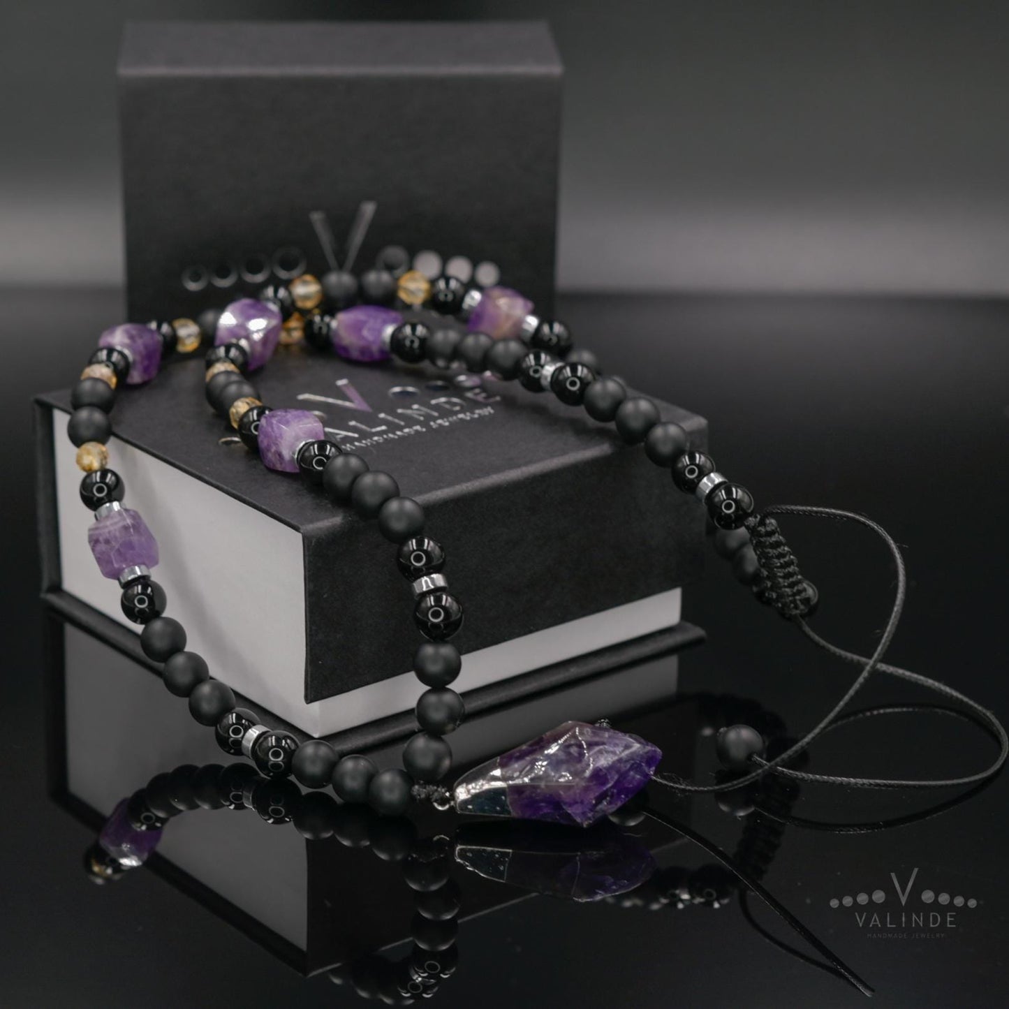 Amethyst Long Beaded Necklace, Men's Onyx Citrine Agate Hematite Necklace, Gift for Him, Adjustable Necklace, Pendant Necklace, Gift for Men - Valinde - Shamballa Necklace - Birthstone Necklace - Gemstone Necklace Men - Chakra Necklace - Macrame Necklace - Healing Necklace - Valinde
