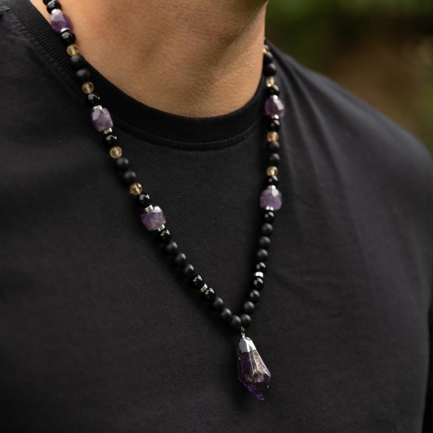 Amethyst Long Beaded Necklace, Men's Onyx Citrine Agate Hematite Necklace, Gift for Him, Adjustable Necklace, Pendant Necklace, Gift for Men - Valinde - Shamballa Necklace - Birthstone Necklace - Gemstone Necklace Men - Chakra Necklace - Macrame Necklace - Healing Necklace - Valinde