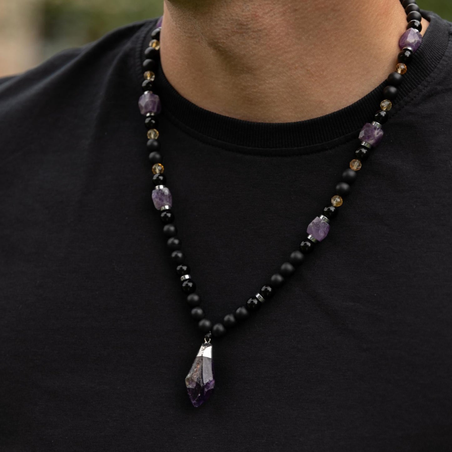 Amethyst Long Beaded Necklace, Men's Onyx Citrine Agate Hematite Necklace, Gift for Him, Adjustable Necklace, Pendant Necklace, Gift for Men - Valinde - Shamballa Necklace - Birthstone Necklace - Gemstone Necklace Men - Chakra Necklace - Macrame Necklace - Healing Necklace - Valinde