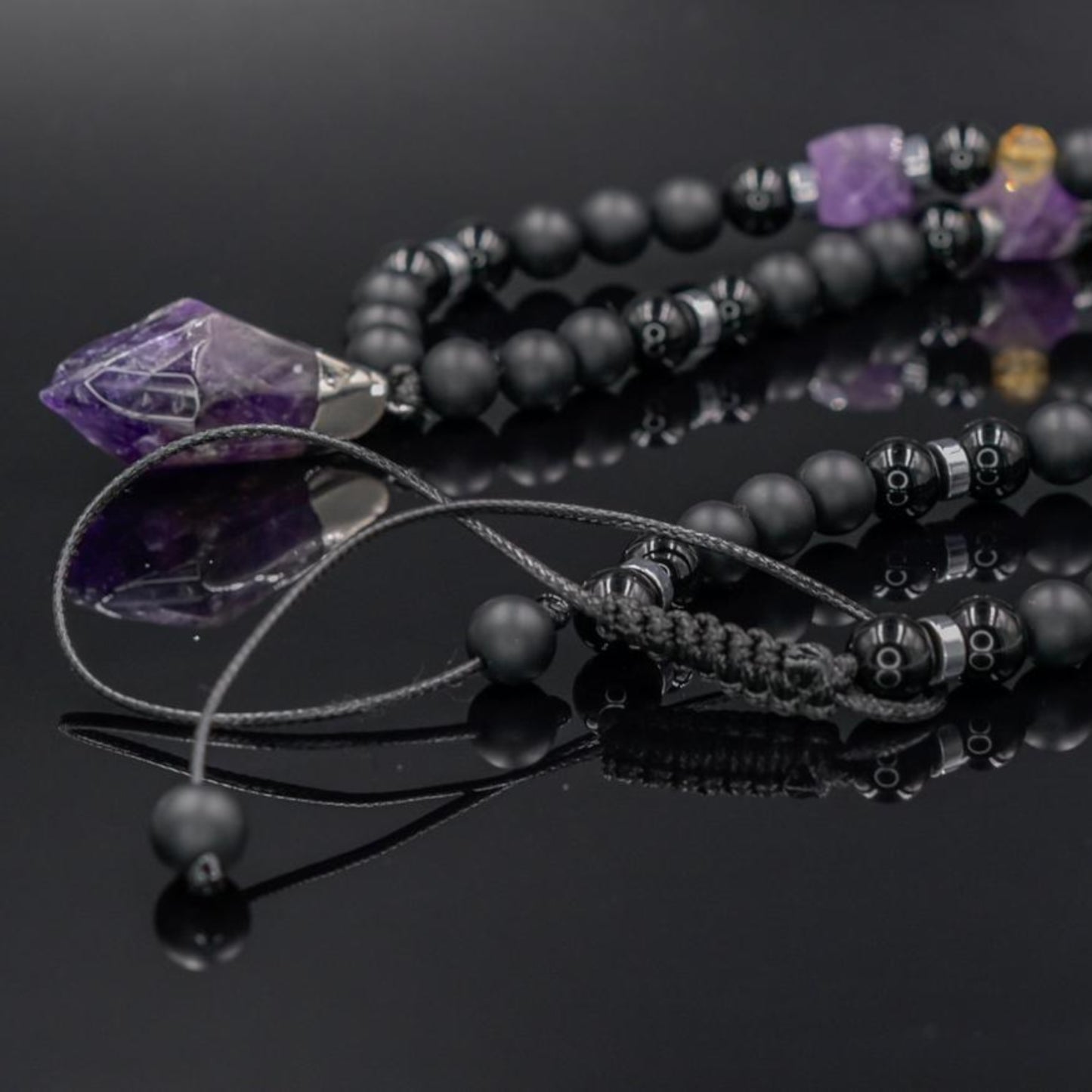 Amethyst Long Beaded Necklace, Men's Onyx Citrine Agate Hematite Necklace, Gift for Him, Adjustable Necklace, Pendant Necklace, Gift for Men - Valinde - Shamballa Necklace - Birthstone Necklace - Gemstone Necklace Men - Chakra Necklace - Macrame Necklace - Healing Necklace - Valinde