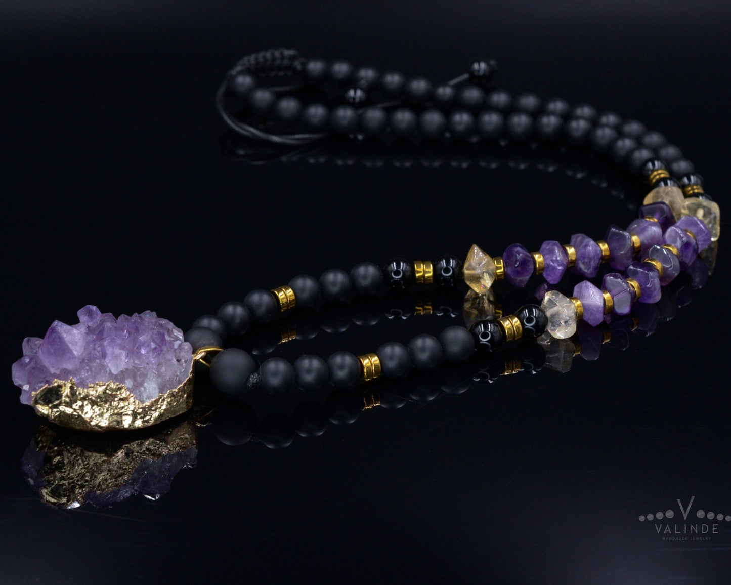 Druzy Amethyst Pendant Necklace - Men's Black Onyx & Citrine Crystal Necklace - Long Beaded Necklace - Gift for Men - Amethyst Necklace - Shamballa Necklace - Birthstone Necklace - Gemstone Necklace Men - Chakra Necklace - Macrame Necklace - Healing Necklace - Valinde