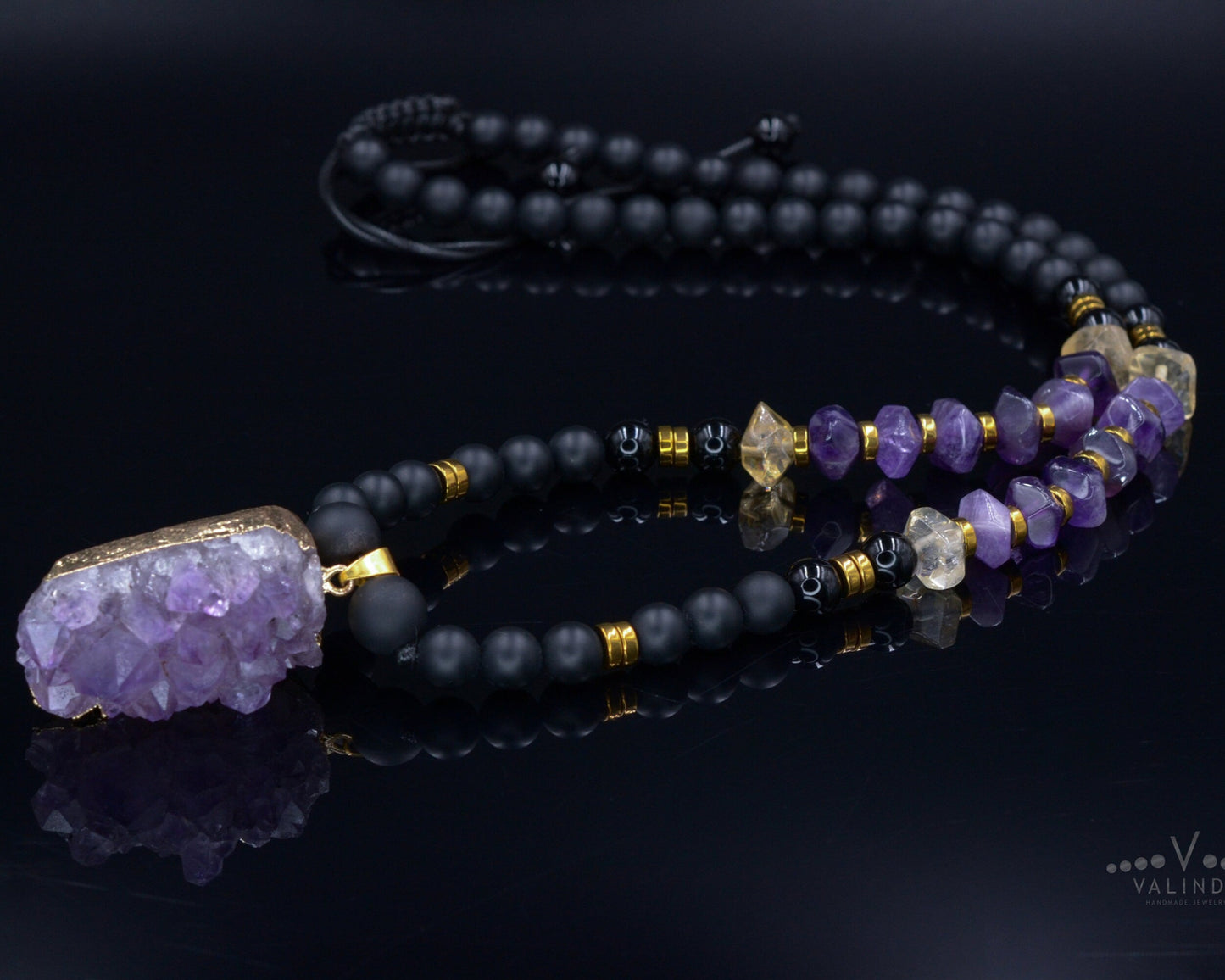 Druzy Amethyst Pendant Necklace - Men's Black Onyx & Citrine Crystal Necklace - Long Beaded Necklace - Gift for Men - Amethyst Necklace - Shamballa Necklace - Birthstone Necklace - Gemstone Necklace Men - Chakra Necklace - Macrame Necklace - Healing Necklace - Valinde