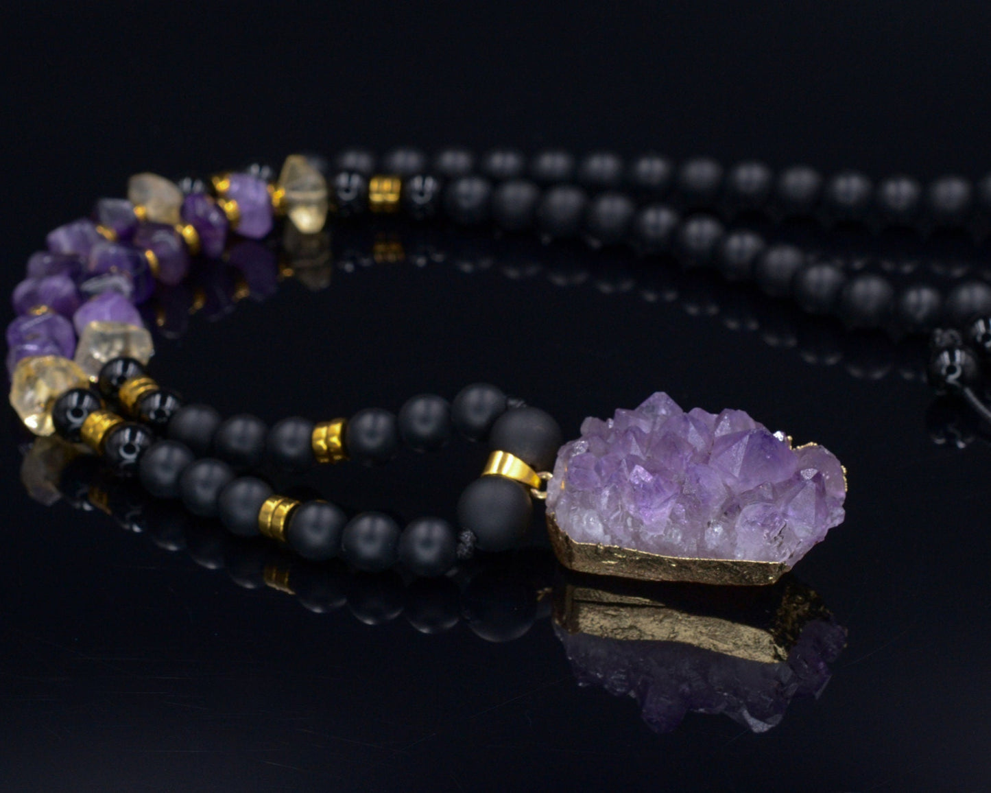 Druzy Amethyst Pendant Necklace - Men's Black Onyx & Citrine Crystal Necklace - Long Beaded Necklace - Gift for Men - Amethyst Necklace - Shamballa Necklace - Birthstone Necklace - Gemstone Necklace Men - Chakra Necklace - Macrame Necklace - Healing Necklace - Valinde