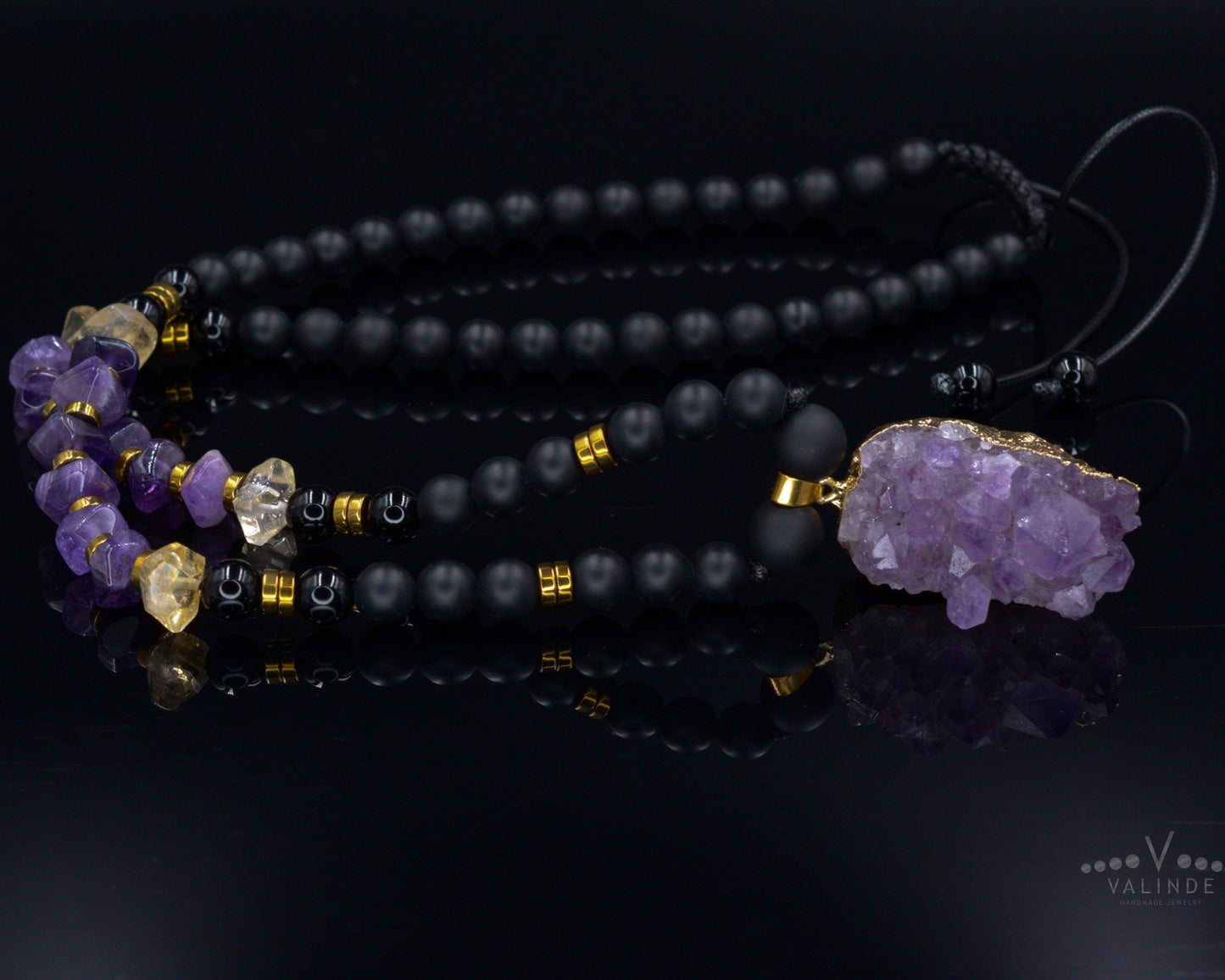 Druzy Amethyst Pendant Necklace - Men's Black Onyx & Citrine Crystal Necklace - Long Beaded Necklace - Gift for Men - Amethyst Necklace - Shamballa Necklace - Birthstone Necklace - Gemstone Necklace Men - Chakra Necklace - Macrame Necklace - Healing Necklace - Valinde