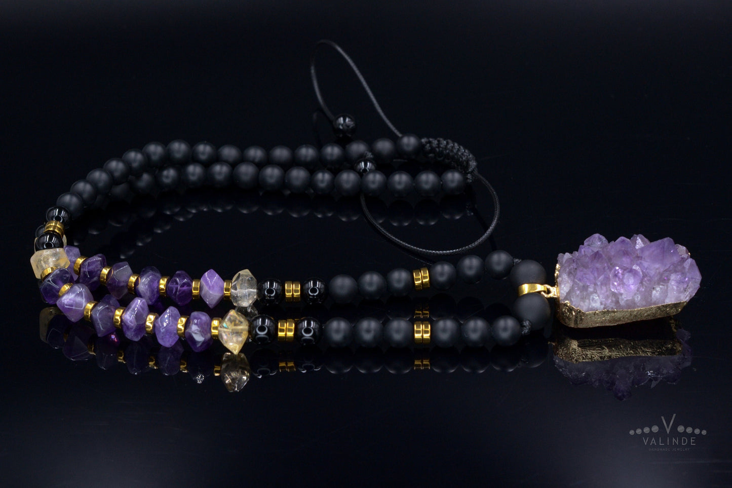 Druzy Amethyst Pendant Necklace - Men's Black Onyx & Citrine Crystal Necklace - Long Beaded Necklace - Gift for Men - Amethyst Necklace - Shamballa Necklace - Birthstone Necklace - Gemstone Necklace Men - Chakra Necklace - Macrame Necklace - Healing Necklace - Valinde
