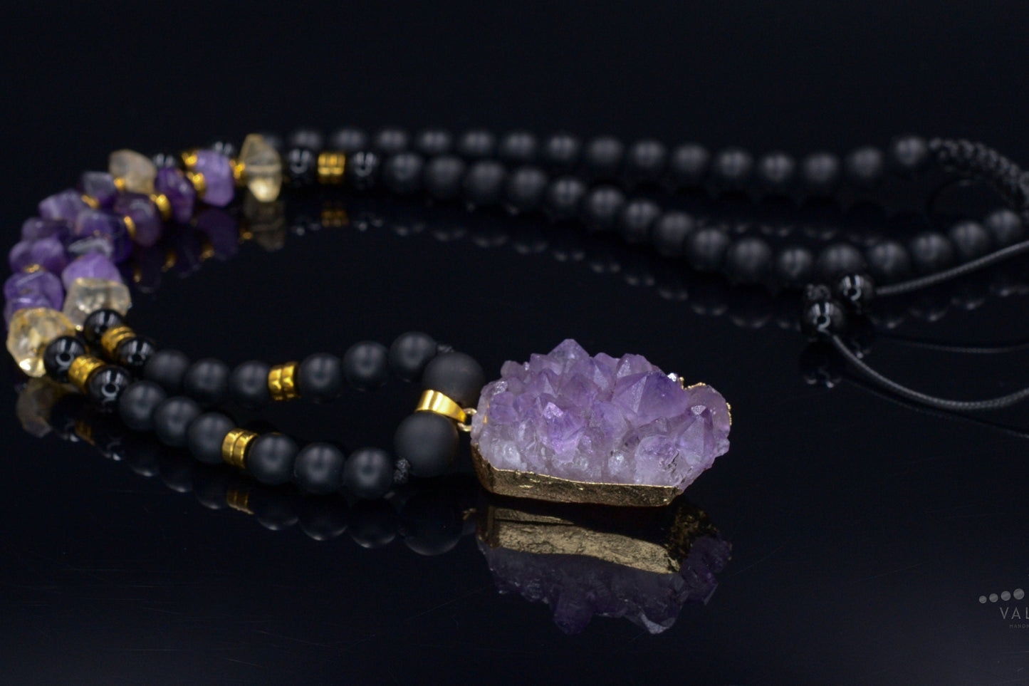 Druzy Amethyst Pendant Necklace - Men's Black Onyx & Citrine Crystal Necklace - Long Beaded Necklace - Gift for Men - Amethyst Necklace - Shamballa Necklace - Birthstone Necklace - Gemstone Necklace Men - Chakra Necklace - Macrame Necklace - Healing Necklace - Valinde