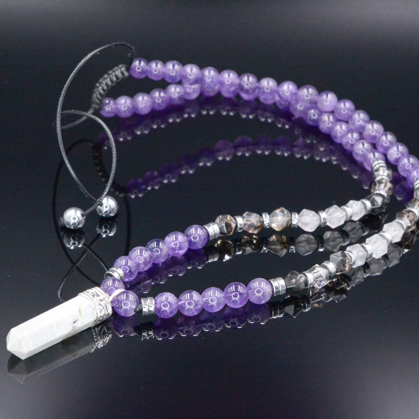 Men's Amethyst Crystal Necklace - Long Rutilated Quartz Beads Necklace - Gift for Men - Adjustable Necklace -Japer Pendant Necklace for Men - Shamballa Necklace - Birthstone Necklace - Gemstone Necklace Men - Chakra Necklace - Macrame Necklace - Healing Necklace - Valinde