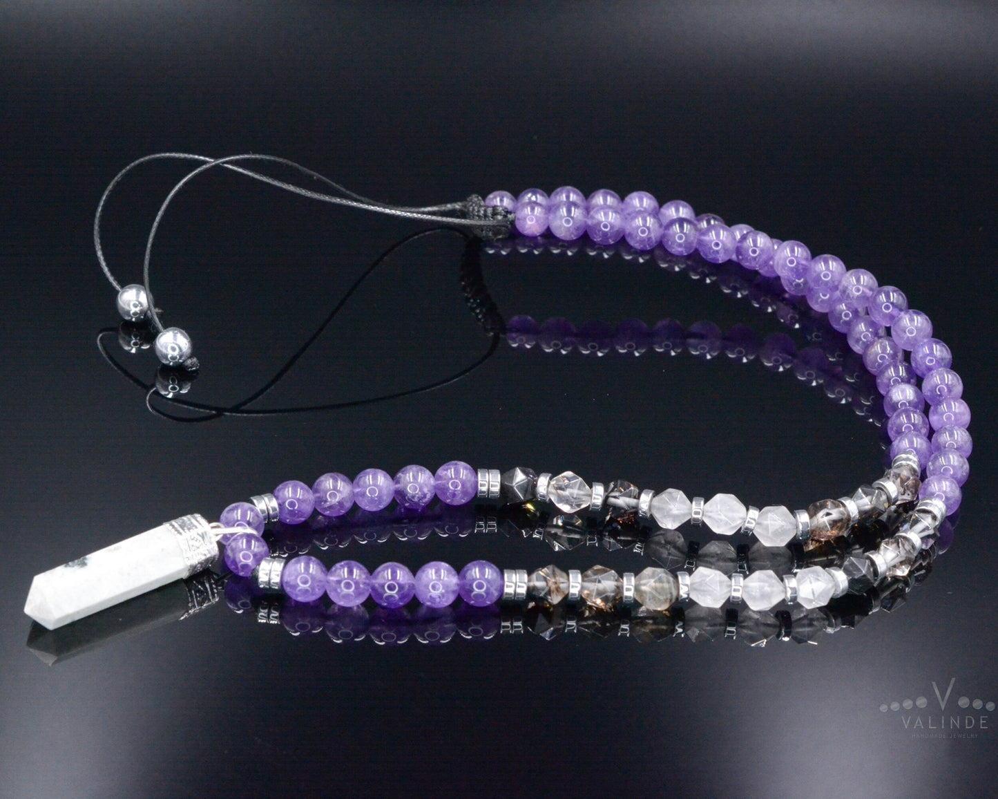 Men's Amethyst Crystal Necklace - Long Rutilated Quartz Beads Necklace - Gift for Men - Adjustable Necklace -Japer Pendant Necklace for Men - Shamballa Necklace - Birthstone Necklace - Gemstone Necklace Men - Chakra Necklace - Macrame Necklace - Healing Necklace - Valinde