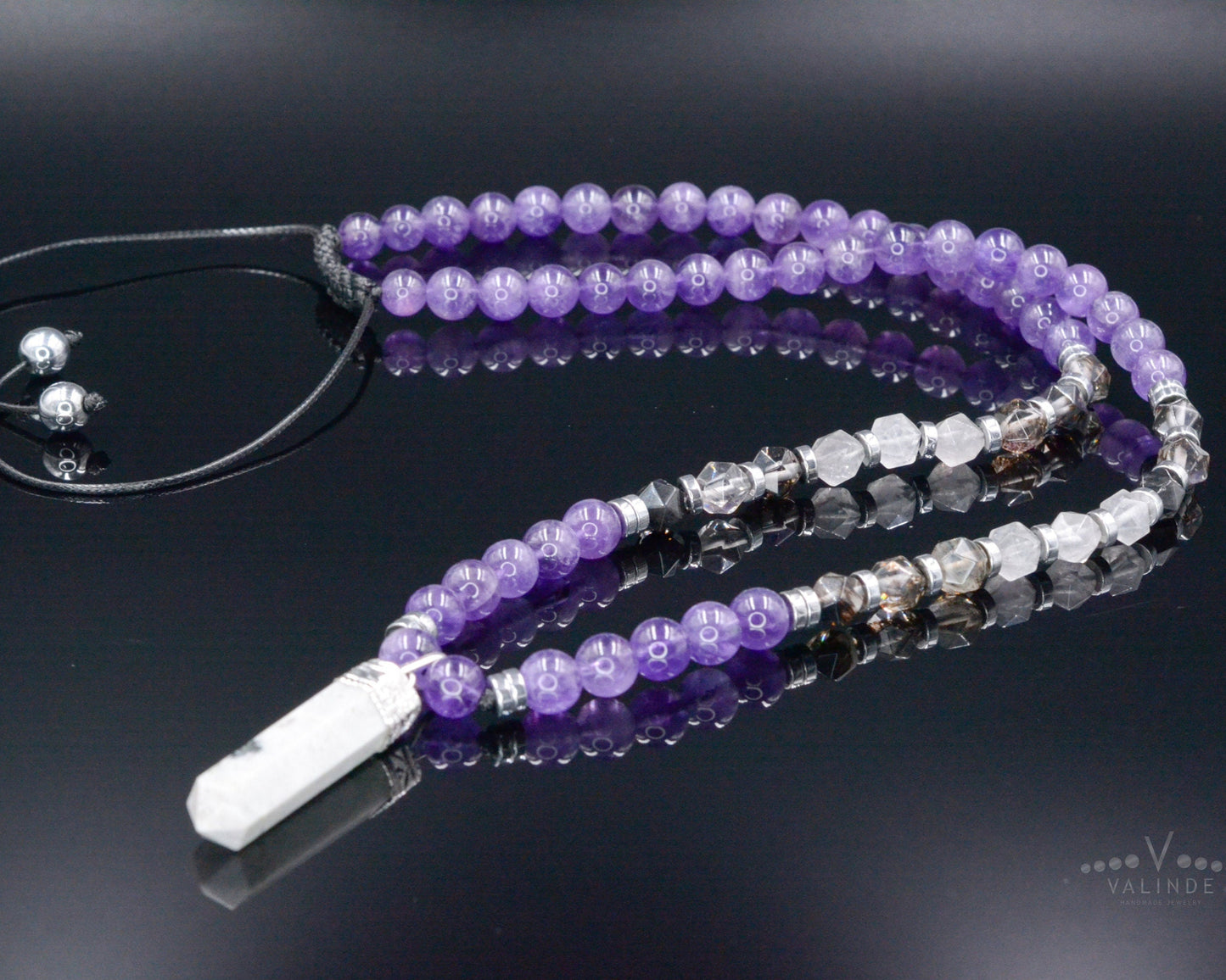 Men's Amethyst Crystal Necklace - Long Rutilated Quartz Beads Necklace - Gift for Men - Adjustable Necklace -Japer Pendant Necklace for Men - Shamballa Necklace - Birthstone Necklace - Gemstone Necklace Men - Chakra Necklace - Macrame Necklace - Healing Necklace - Valinde
