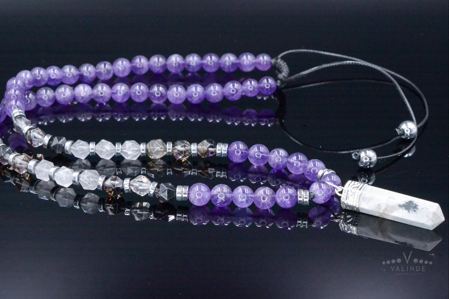 Men's Amethyst Crystal Necklace - Long Rutilated Quartz Beads Necklace - Gift for Men - Adjustable Necklace -Japer Pendant Necklace for Men - Shamballa Necklace - Birthstone Necklace - Gemstone Necklace Men - Chakra Necklace - Macrame Necklace - Healing Necklace - Valinde
