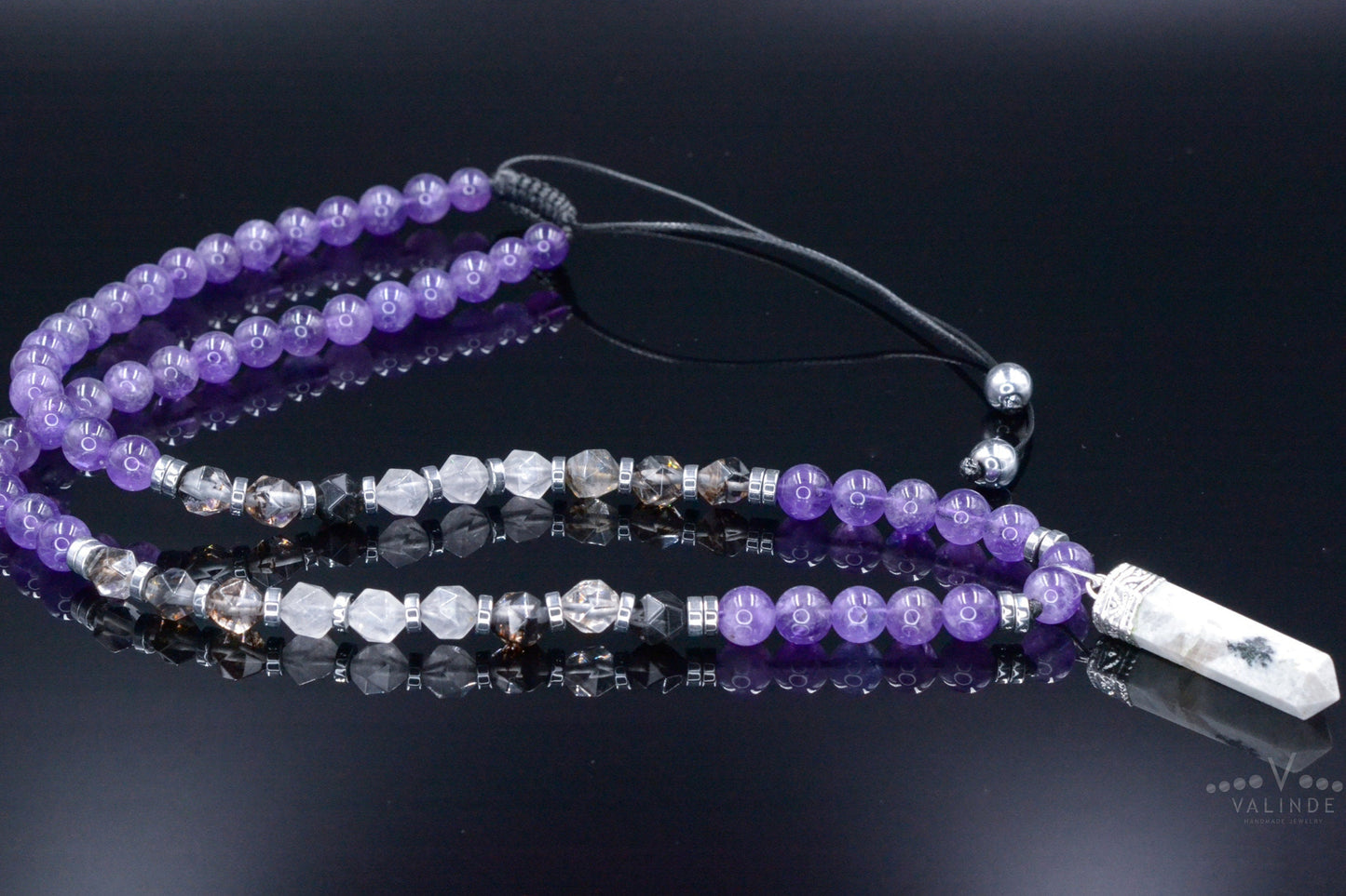 Men's Amethyst Crystal Necklace - Long Rutilated Quartz Beads Necklace - Gift for Men - Adjustable Necklace -Japer Pendant Necklace for Men - Shamballa Necklace - Birthstone Necklace - Gemstone Necklace Men - Chakra Necklace - Macrame Necklace - Healing Necklace - Valinde