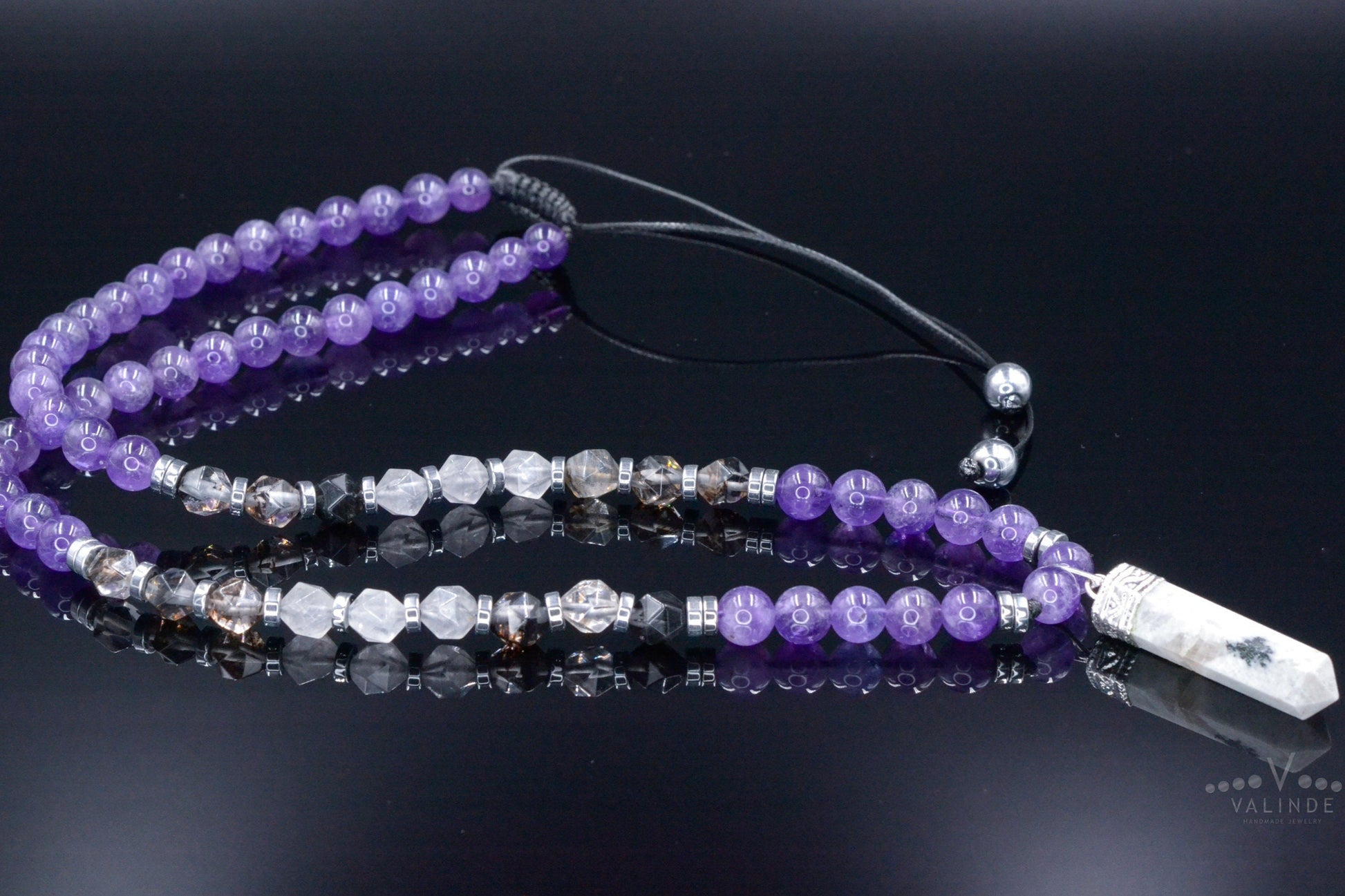 Men's Amethyst Crystal Necklace - Long Rutilated Quartz Beads Necklace - Gift for Men - Adjustable Necklace -Japer Pendant Necklace for Men  - Shamballa Necklace - Birthstone Necklace - Gemstone Necklace Men - Chakra Necklace - Macrame Necklace  - Healing Necklace - Valinde