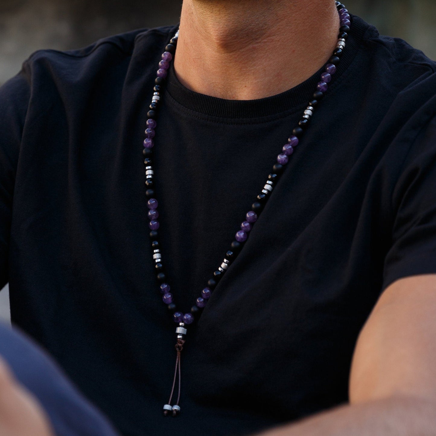 Men's Amethyst and Steel Beaded Necklace - Long Crystal Necklace - Black Onyx Necklace - Gift for Men - Agate Hematite Gemstone Necklace- Shamballa Necklace - Birthstone Necklace - Gemstone Necklace Men - Chakra Necklace - Macrame Necklace - Healing Necklace - Valinde