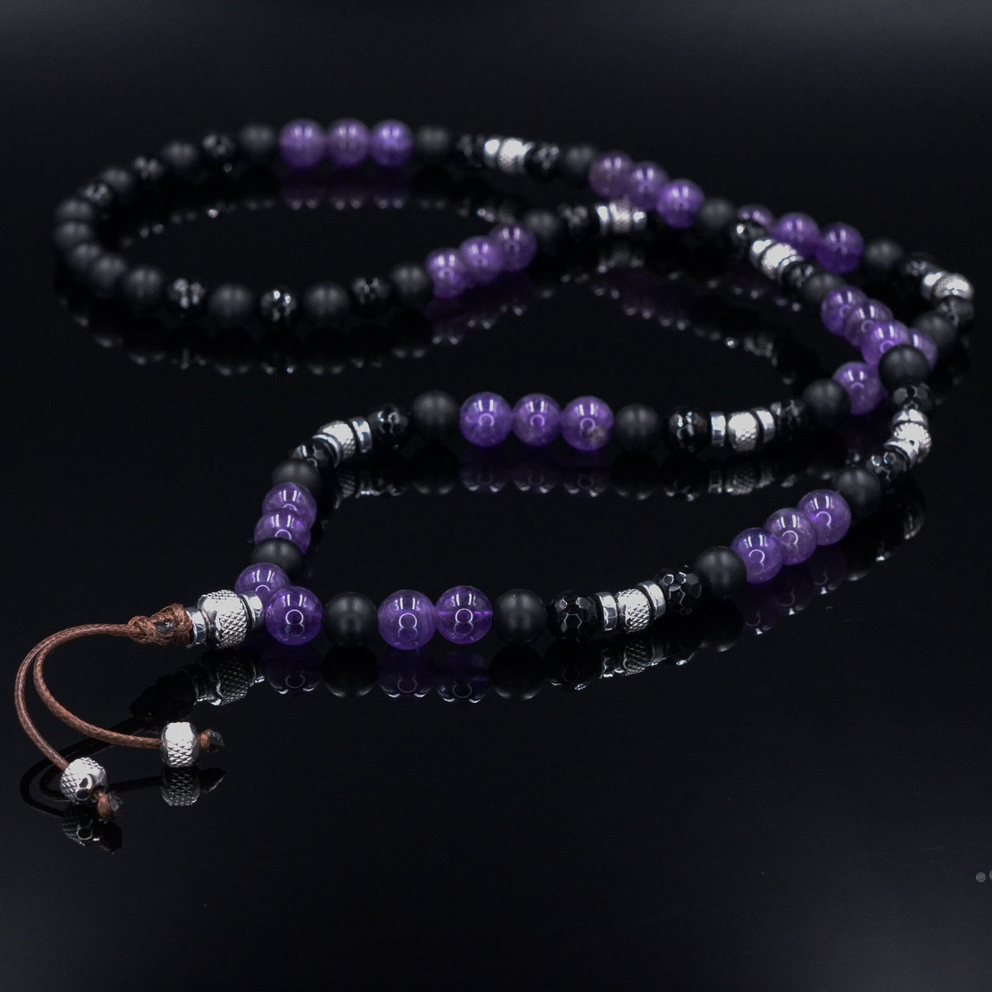 Men's Amethyst and Steel Beaded Necklace - Long Crystal Necklace - Black Onyx Necklace - Gift for Men - Agate Hematite Gemstone Necklace- Shamballa Necklace - Birthstone Necklace - Gemstone Necklace Men - Chakra Necklace - Macrame Necklace  - Healing Necklace - Valinde