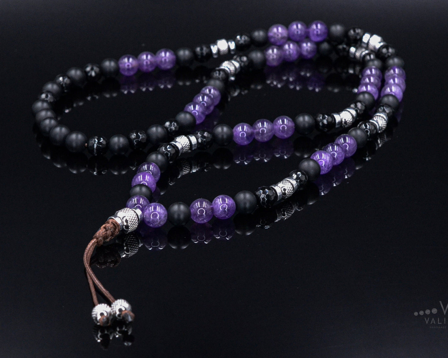 Men's Amethyst and Steel Beaded Necklace - Long Crystal Necklace - Black Onyx Necklace - Gift for Men - Agate Hematite Gemstone Necklace- Shamballa Necklace - Birthstone Necklace - Gemstone Necklace Men - Chakra Necklace - Macrame Necklace - Healing Necklace - Valinde