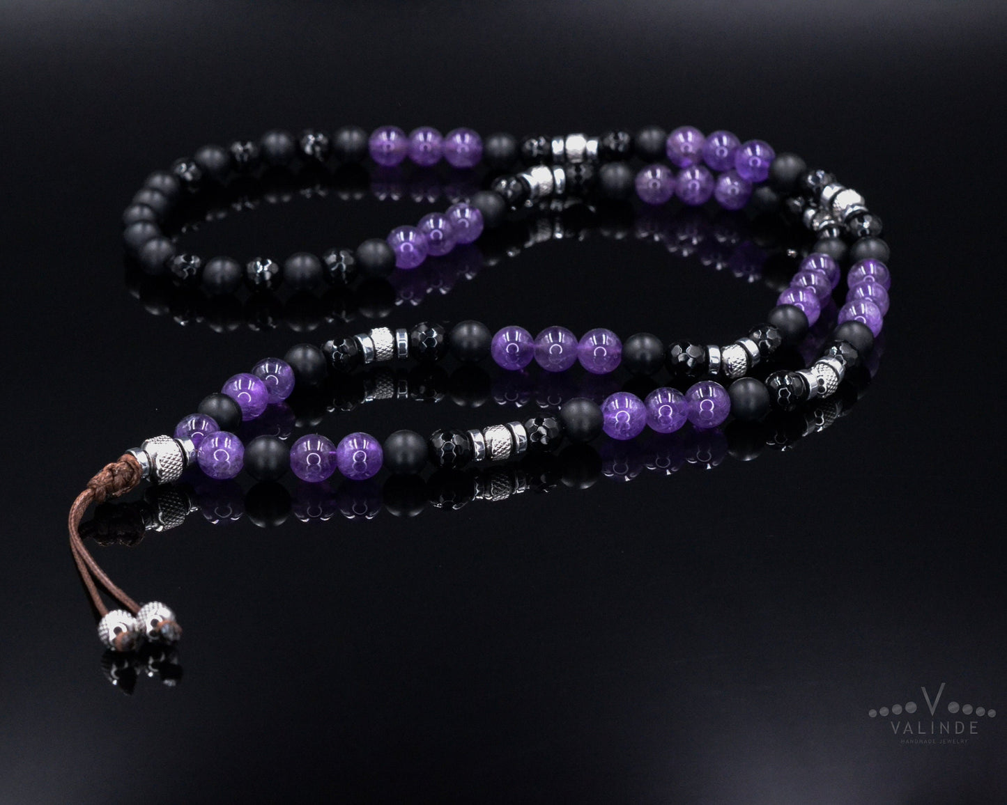 Men's Amethyst and Steel Beaded Necklace - Long Crystal Necklace - Black Onyx Necklace - Gift for Men - Agate Hematite Gemstone Necklace- Shamballa Necklace - Birthstone Necklace - Gemstone Necklace Men - Chakra Necklace - Macrame Necklace - Healing Necklace - Valinde