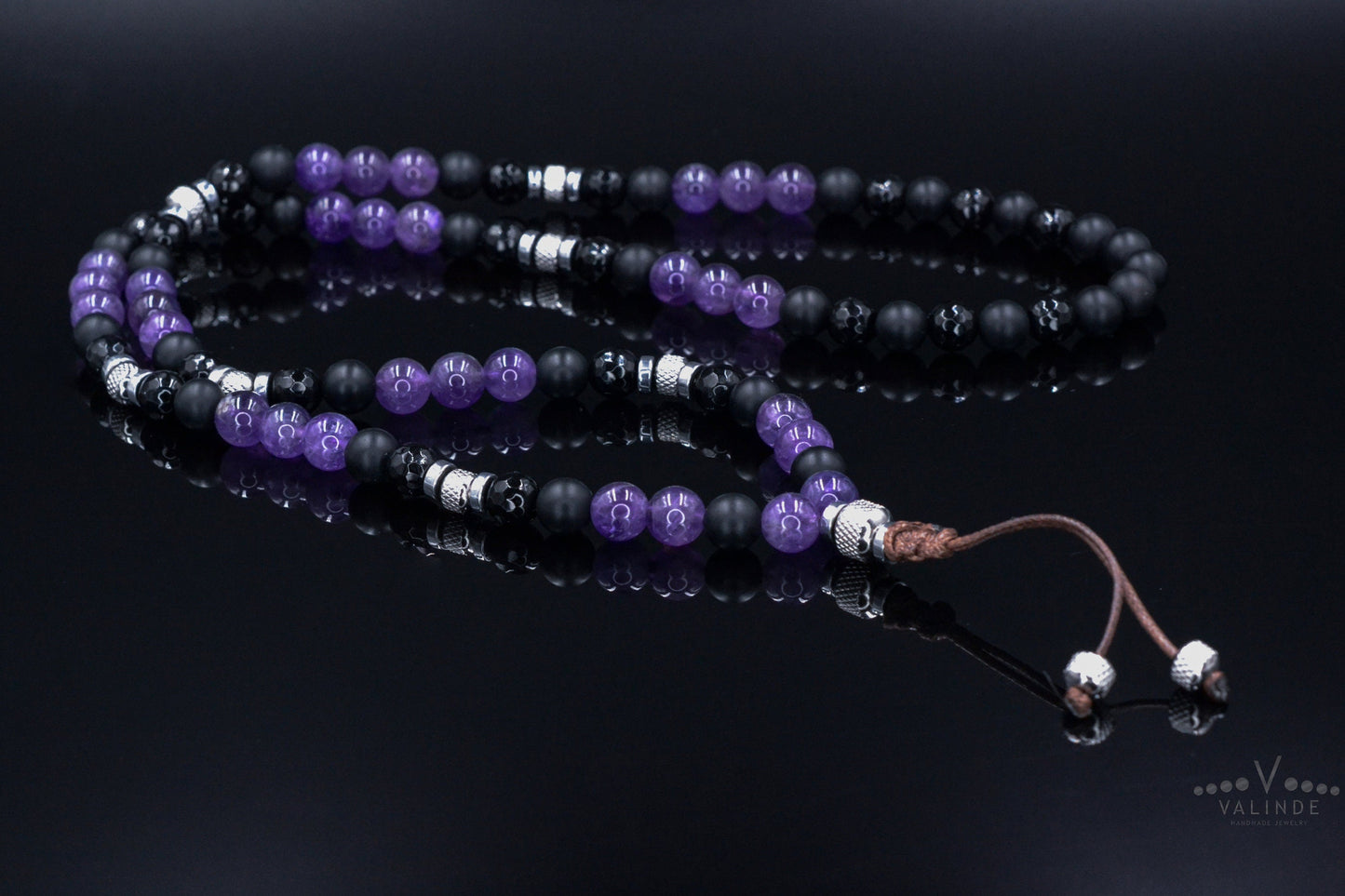 Men's Amethyst and Steel Beaded Necklace - Long Crystal Necklace - Black Onyx Necklace - Gift for Men - Agate Hematite Gemstone Necklace- Shamballa Necklace - Birthstone Necklace - Gemstone Necklace Men - Chakra Necklace - Macrame Necklace - Healing Necklace - Valinde