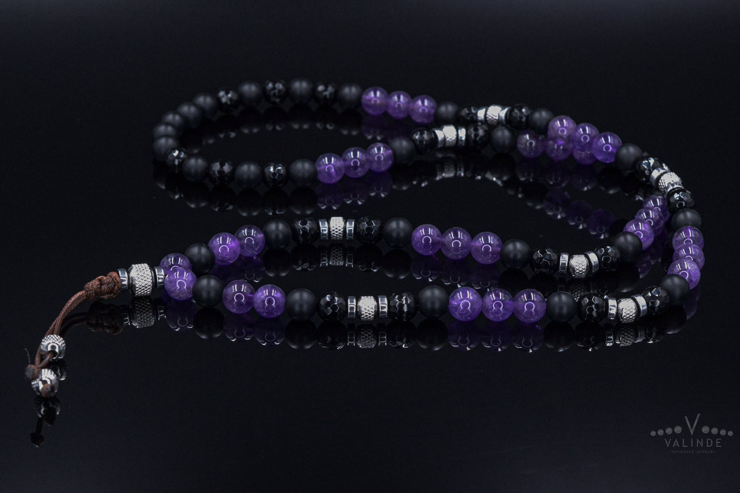 Men's Amethyst and Steel Beaded Necklace - Long Crystal Necklace - Black Onyx Necklace - Gift for Men - Agate Hematite Gemstone Necklace- Shamballa Necklace - Birthstone Necklace - Gemstone Necklace Men - Chakra Necklace - Macrame Necklace - Healing Necklace - Valinde