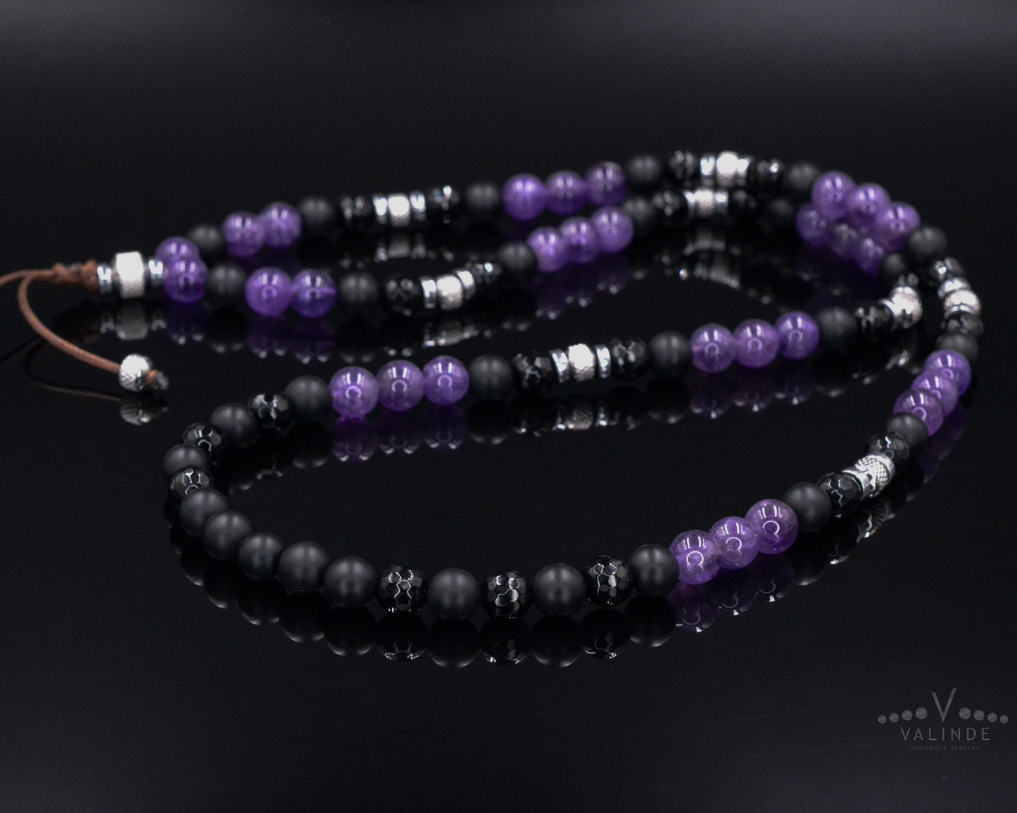 Men's Amethyst and Steel Beaded Necklace - Long Crystal Necklace - Black Onyx Necklace - Gift for Men - Agate Hematite Gemstone Necklace- Shamballa Necklace - Birthstone Necklace - Gemstone Necklace Men - Chakra Necklace - Macrame Necklace - Healing Necklace - Valinde